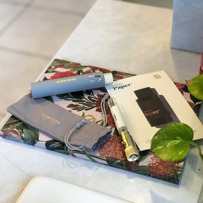Perfume vial and case rest on floral-patterned envelope; branded 'SCENTBIRD' with text 'Paper' and plant leaves in the background.