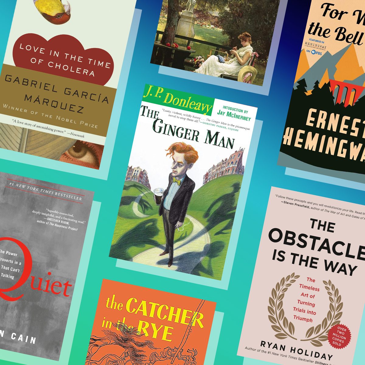 Books displayed at angles; covers include "The Ginger Man," "Quiet," "The Obstacle is the Way," on a blue background.