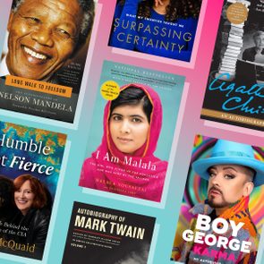 Book covers shown in a collage, featuring autobiographies from various authors including Nelson Mandela, Malala Yousafzai, and Boy George. Bright, colorful background.