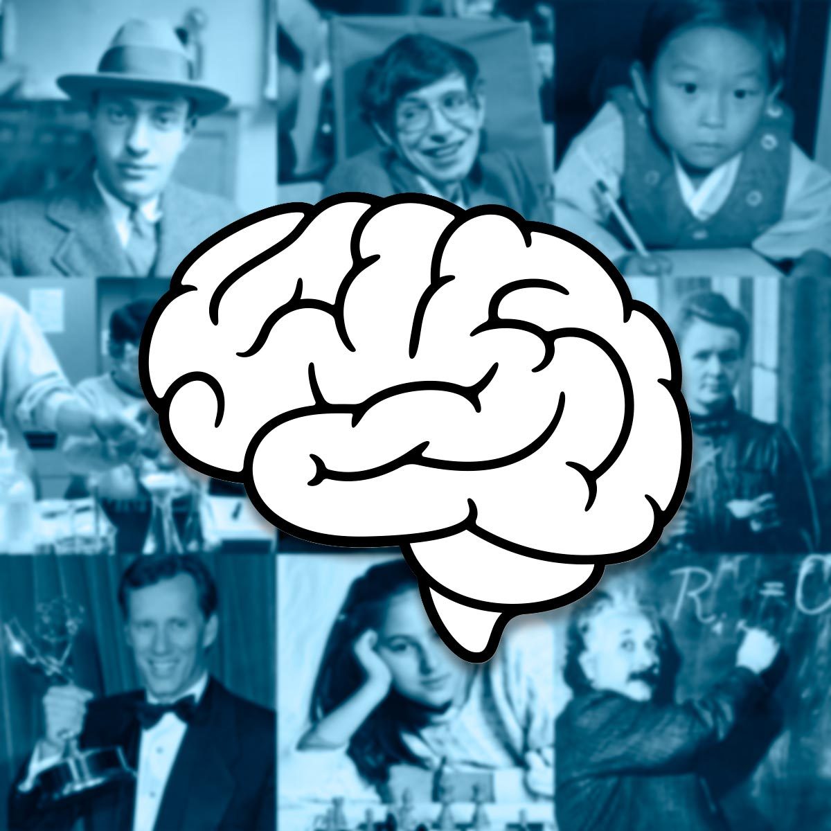 A large illustrated brain overlays a collage of historical and modern individuals in various professional contexts, including writing and teaching.