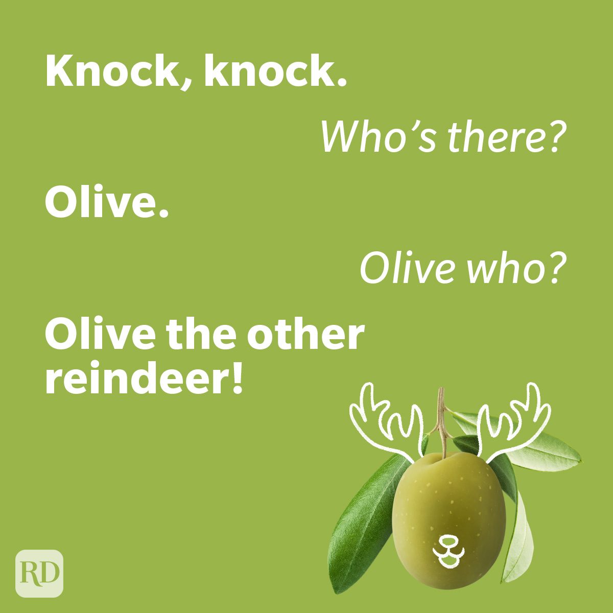Text reads a "Knock, knock" joke about an olive. Illustrated olive features antlers and a face against a green background.
