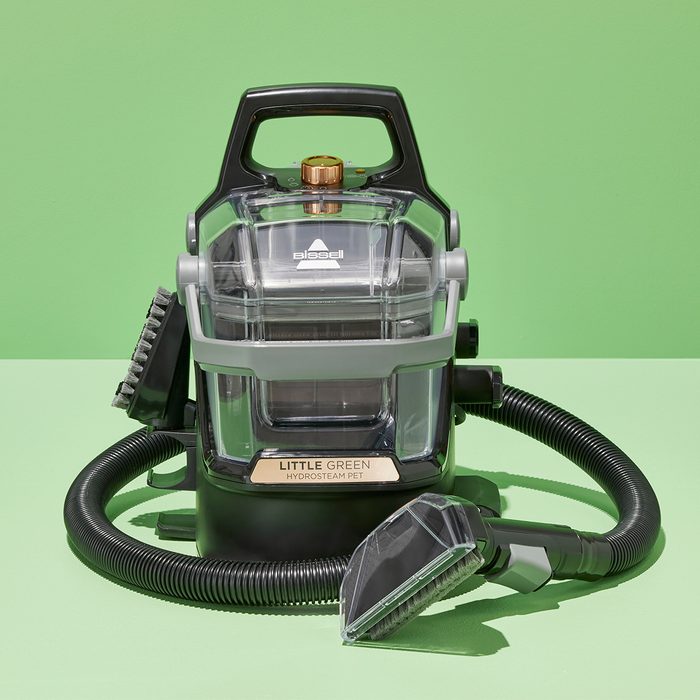 A carpet cleaner sits on a green surface, featuring a clear tank, black handle, and attached hose with nozzle. Text reads â€œBISSELL LITTLE GREEN HYDROSTEAM PET.â€