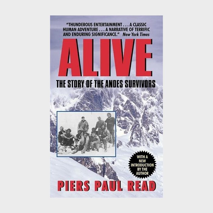 Book cover shows survivors posing in snow, with rugged mountain backdrop. Title reads 