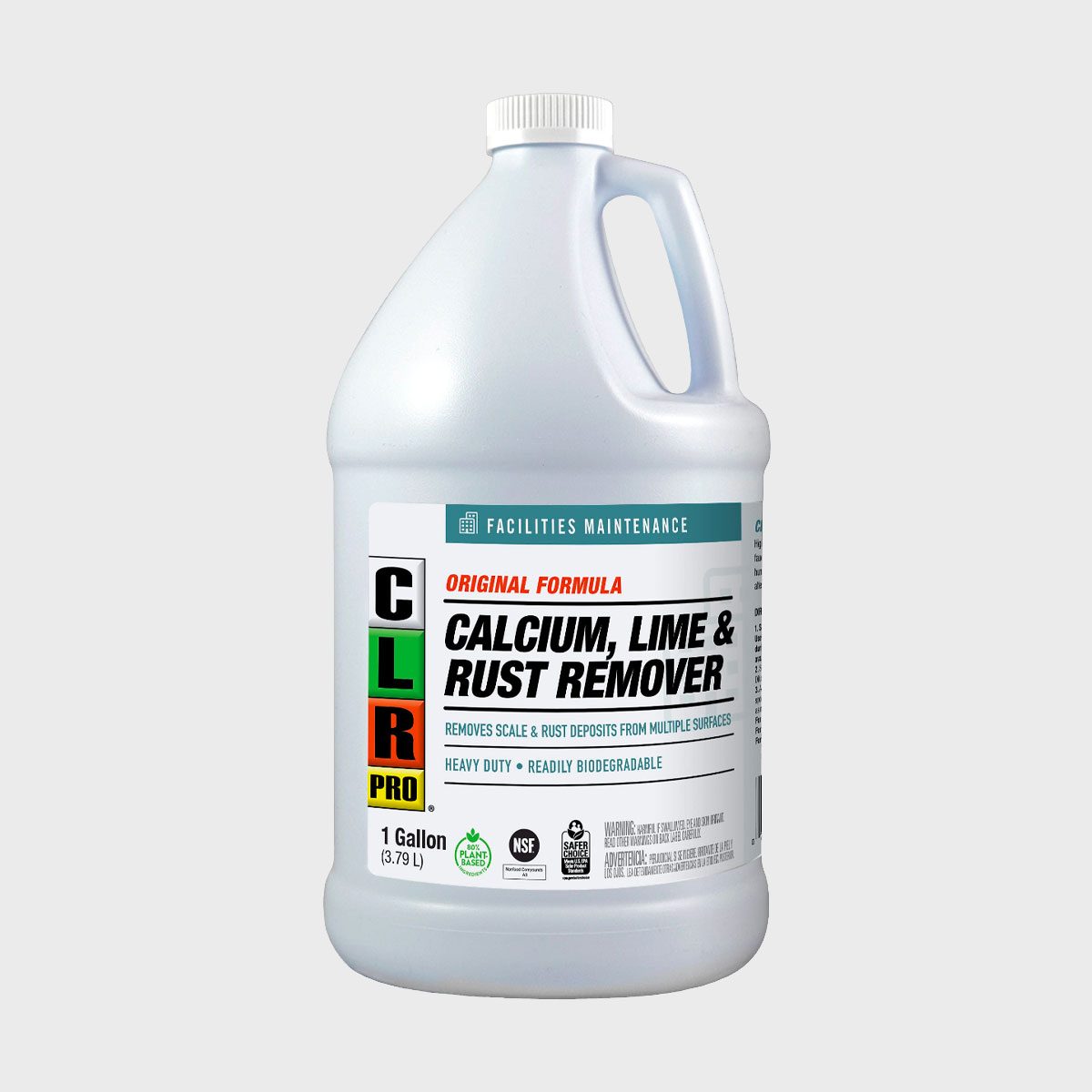 A gallon jug displays "Calcium, Lime & Rust Remover" with handle, standing against a plain background, labeled for facilities maintenance and heavy-duty cleaning.