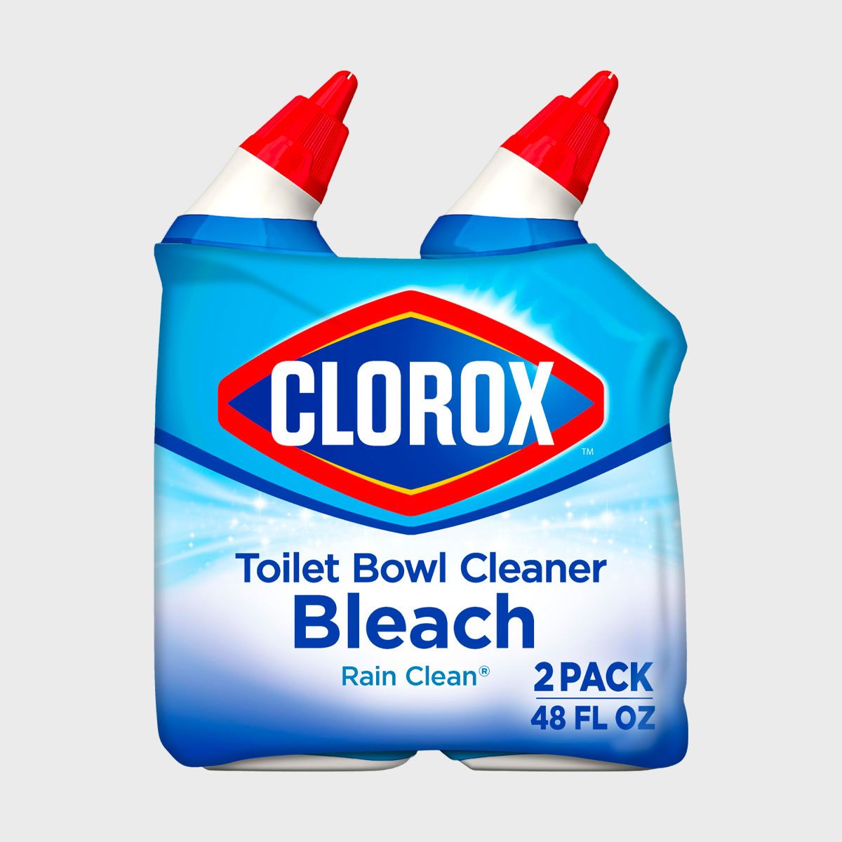 Cleaner bottles angled outward, labeled "Clorox Toilet Bowl Cleaner Bleach," feature red caps. Text indicates "Rain Clean," "2 Pack," "48 FL OZ," against a blue background.
