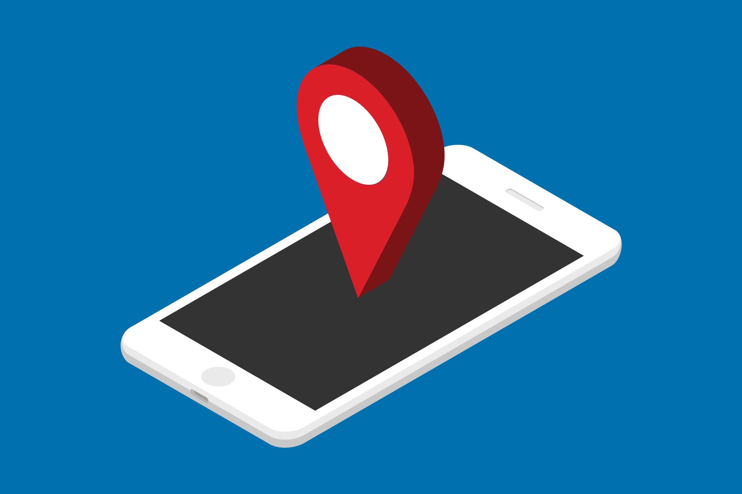 A smartphone displays a large, upright red location pin on its screen against a plain blue background.