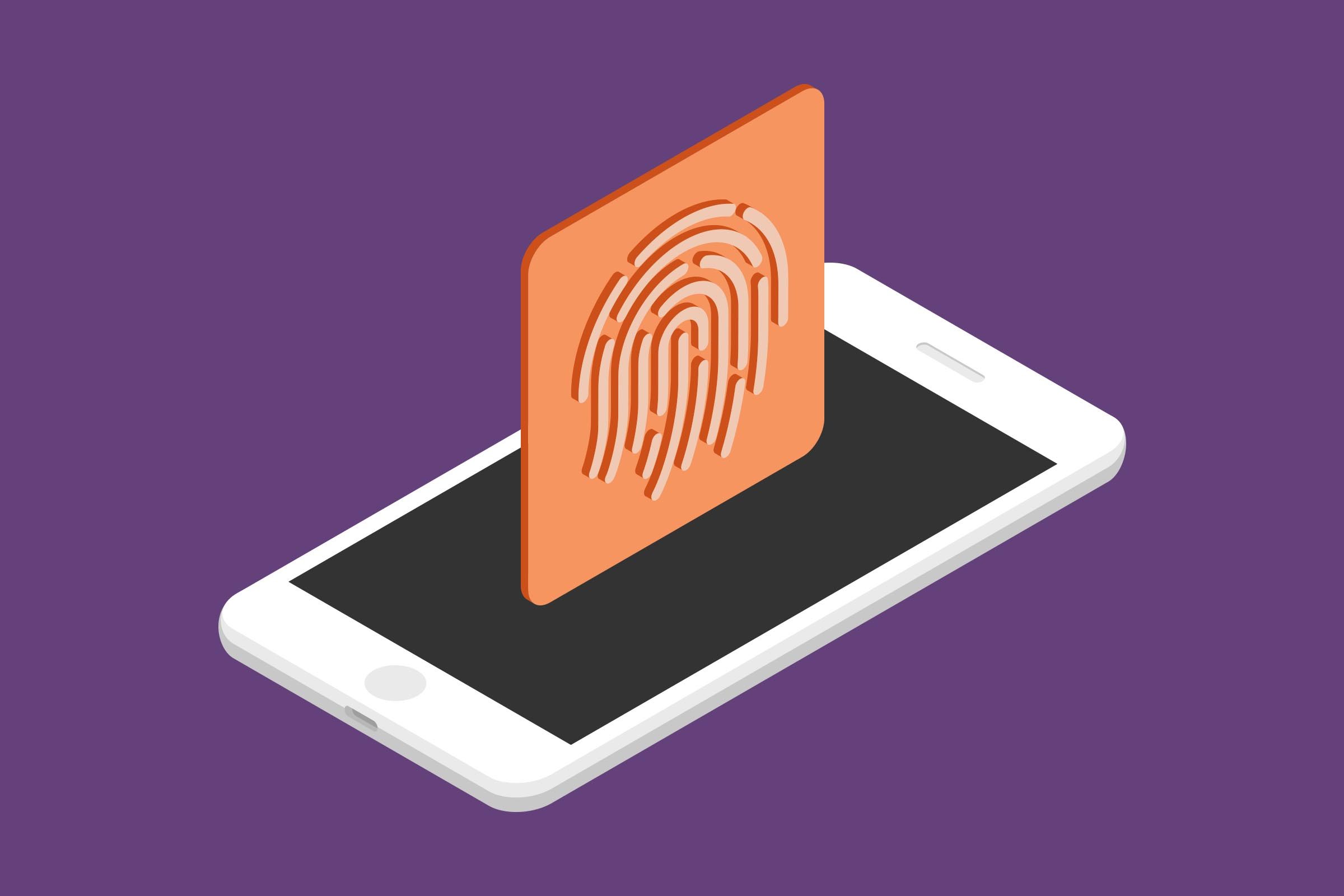 Smartphone displaying a large orange fingerprint popping out, set against a purple background.