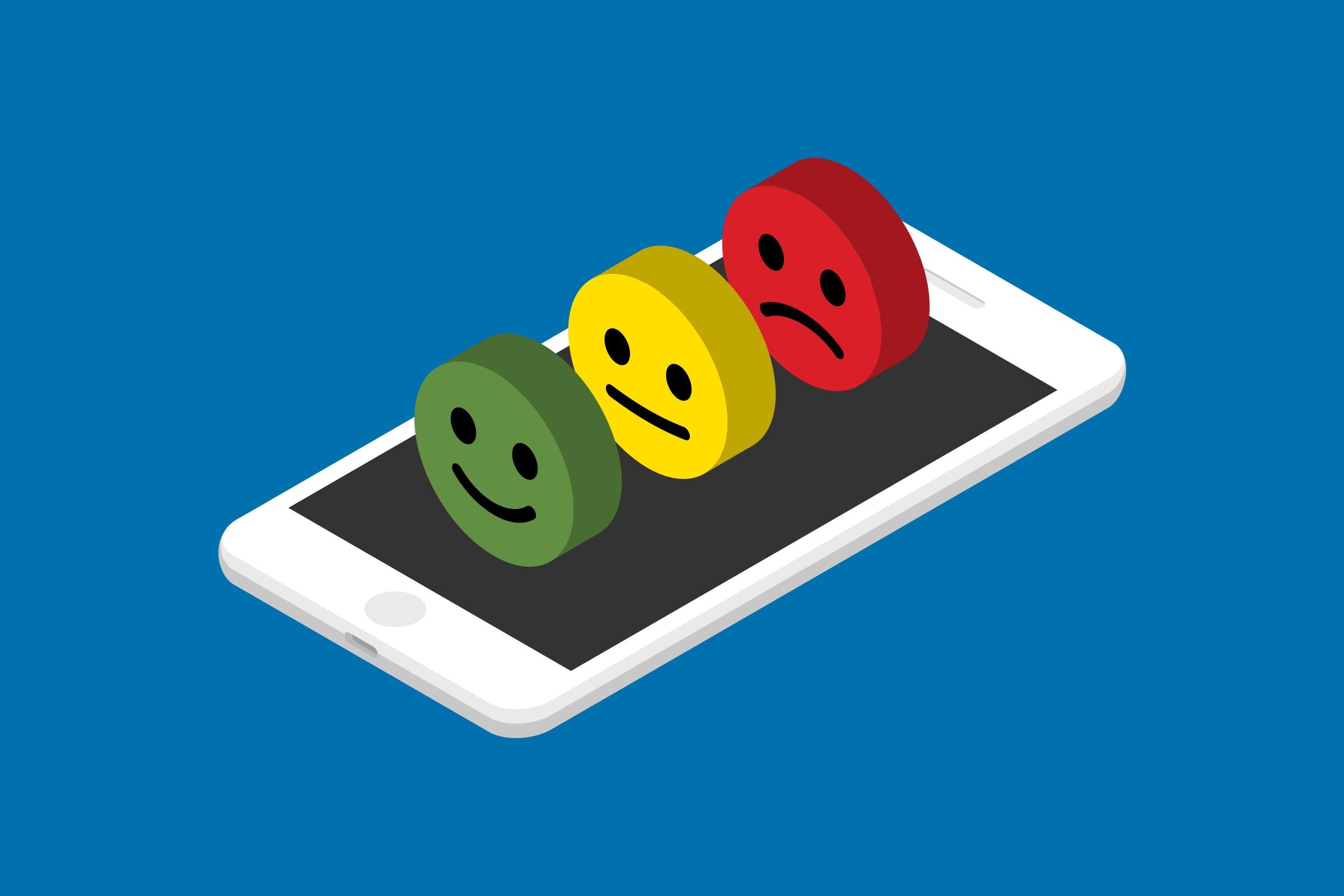 Three colored smiley faces sit on a smartphone against a blue background: green happy, yellow neutral, red sad.