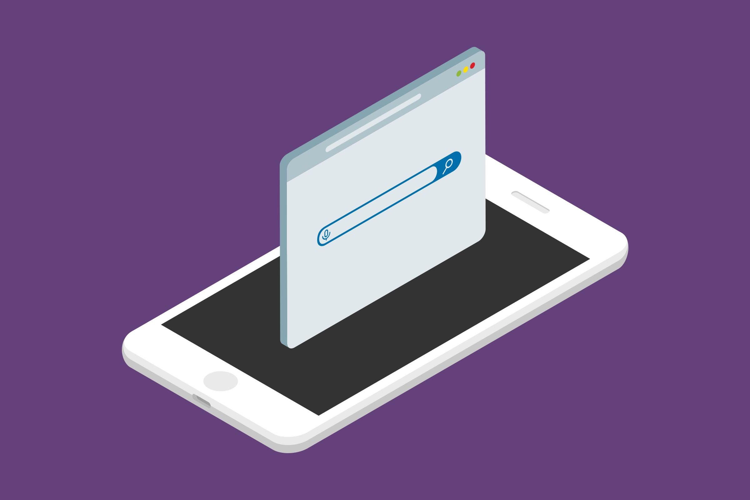 A smartphone displays a 3D search engine browser window, partially emerging from the screen, on a purple background.