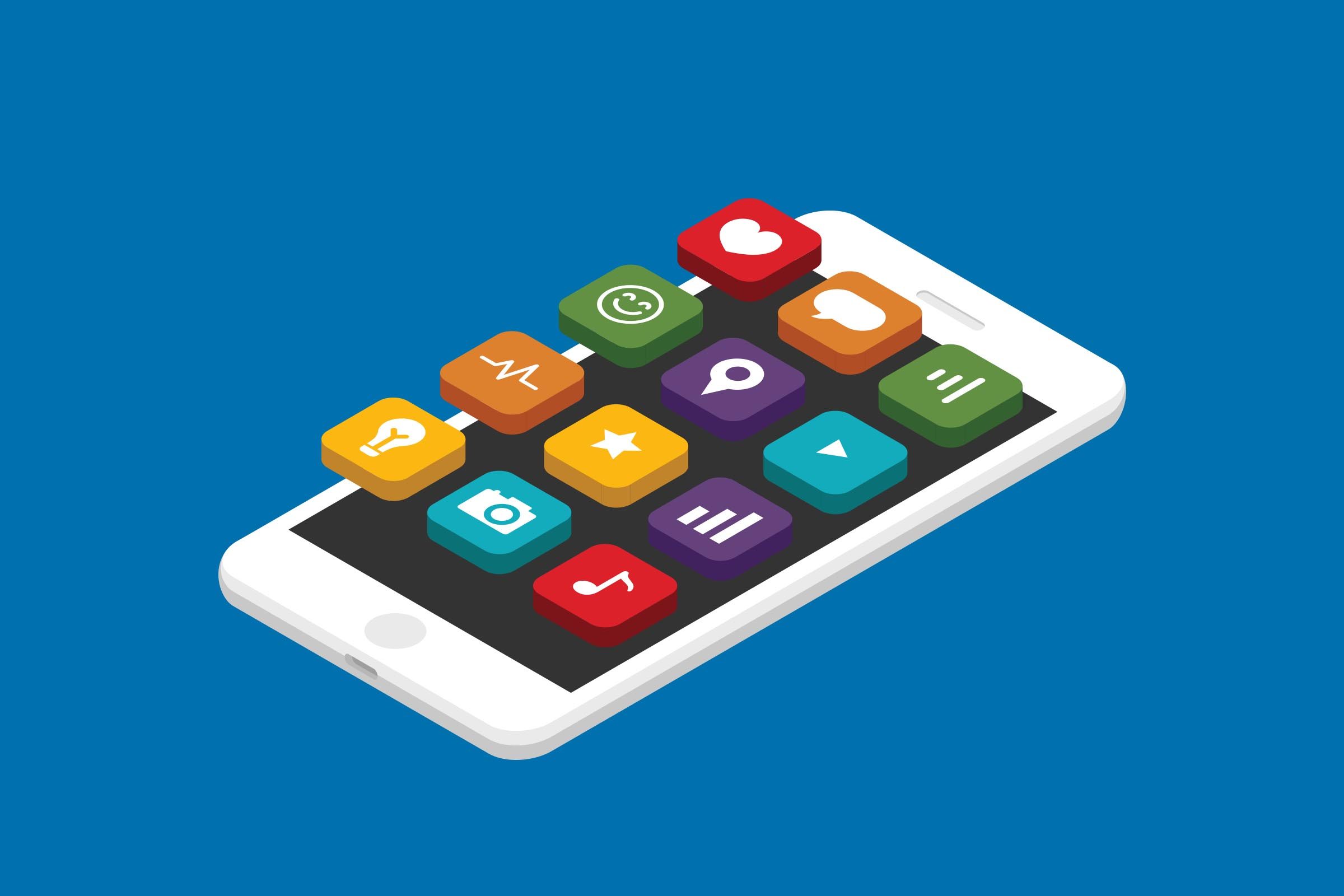 Smartphone displays colorful app icons on screen, arranged in rows, against a plain blue background.