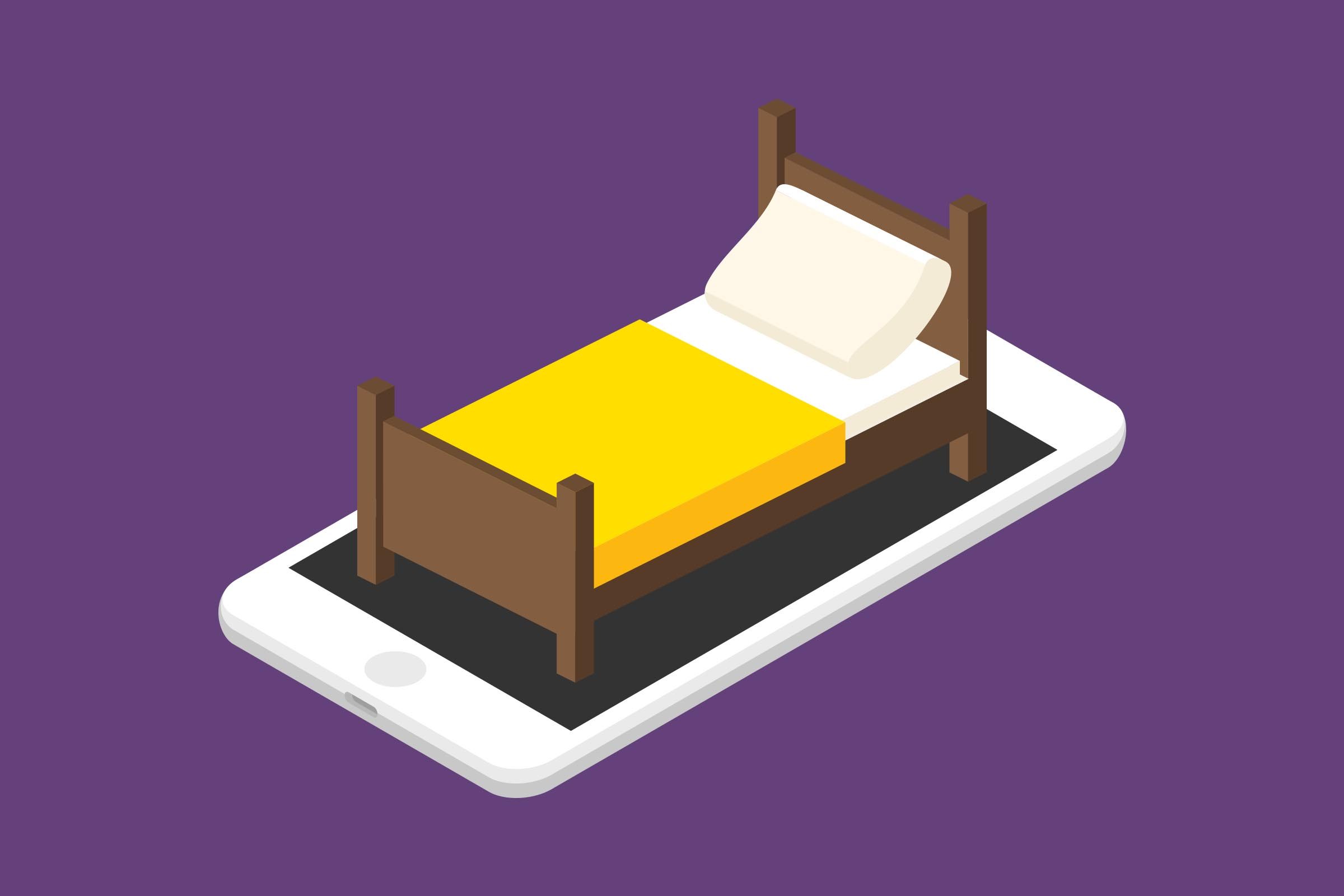 A small wooden bed with yellow bedding sits atop a large smartphone on a purple background.