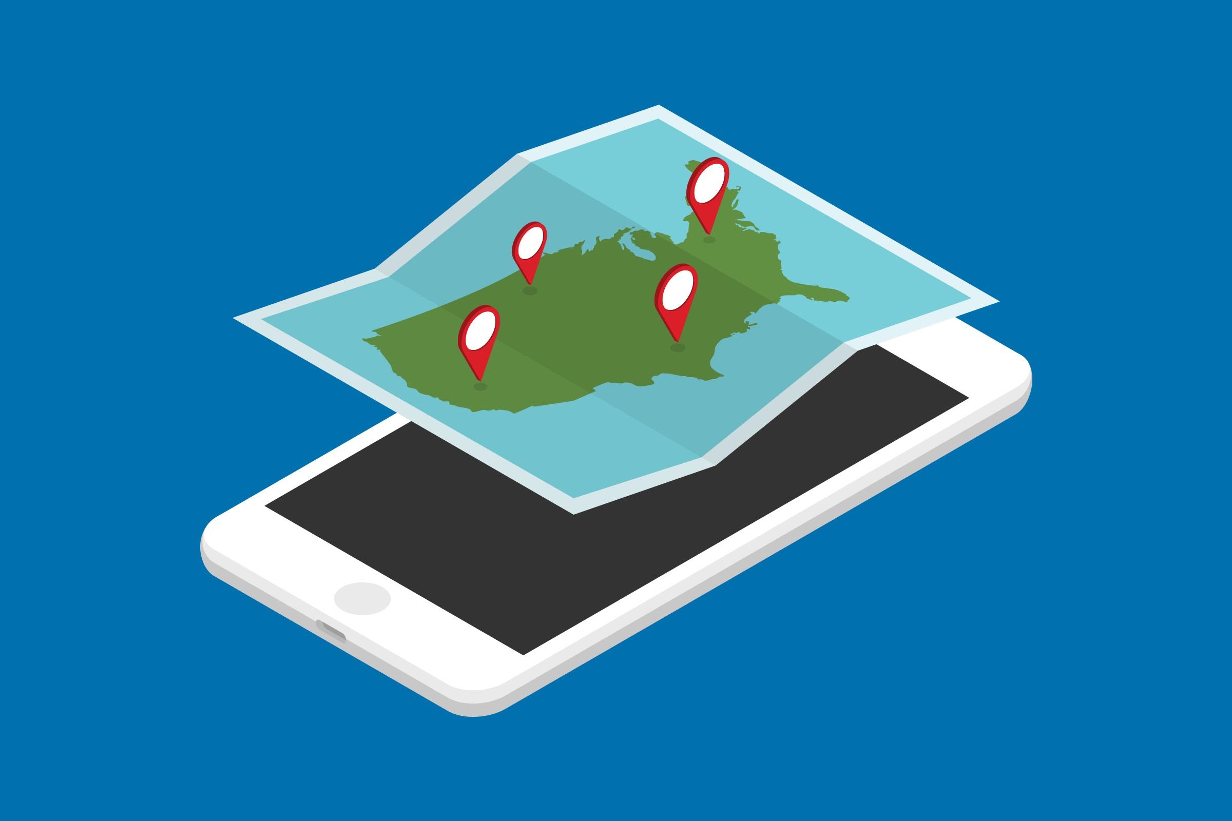 A folded map with location pins emerges from a smartphone on a blue background, illustrating digital navigation.