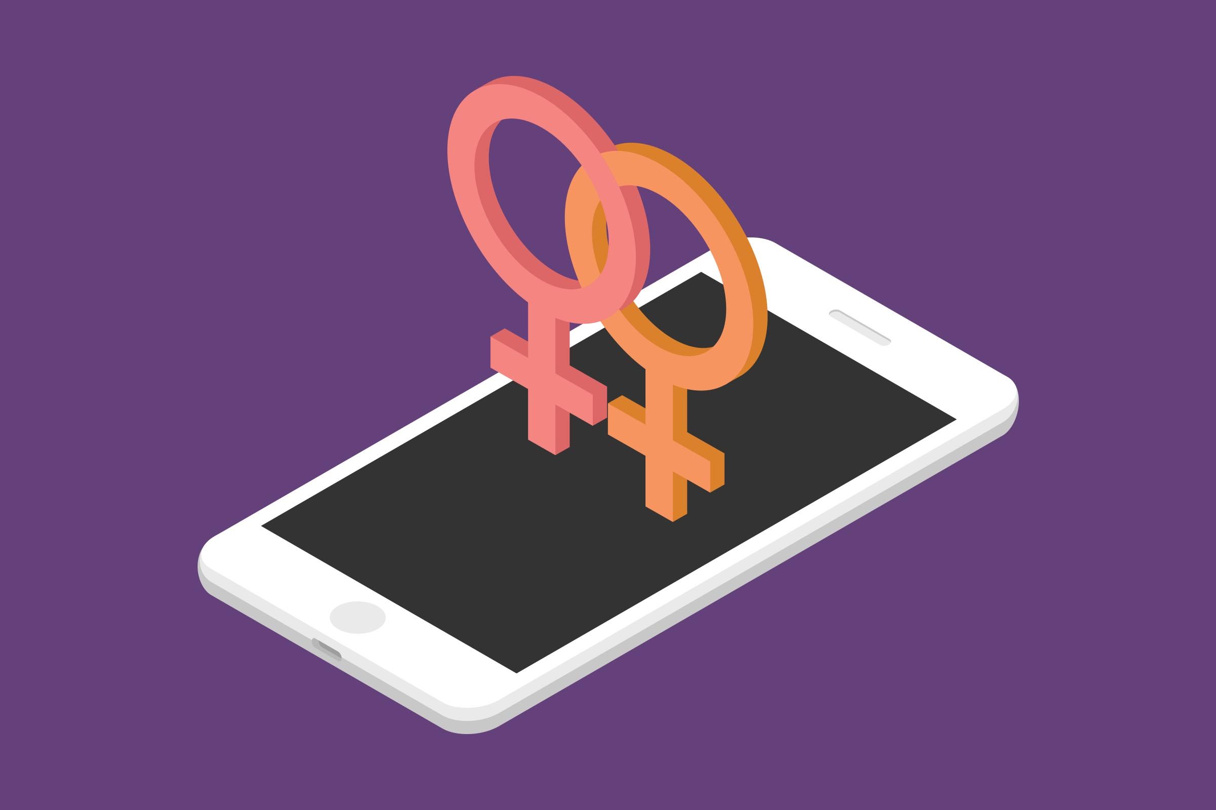 Smartphone displays two interlocked female symbols, suggesting connection or relationship, against a solid purple background.