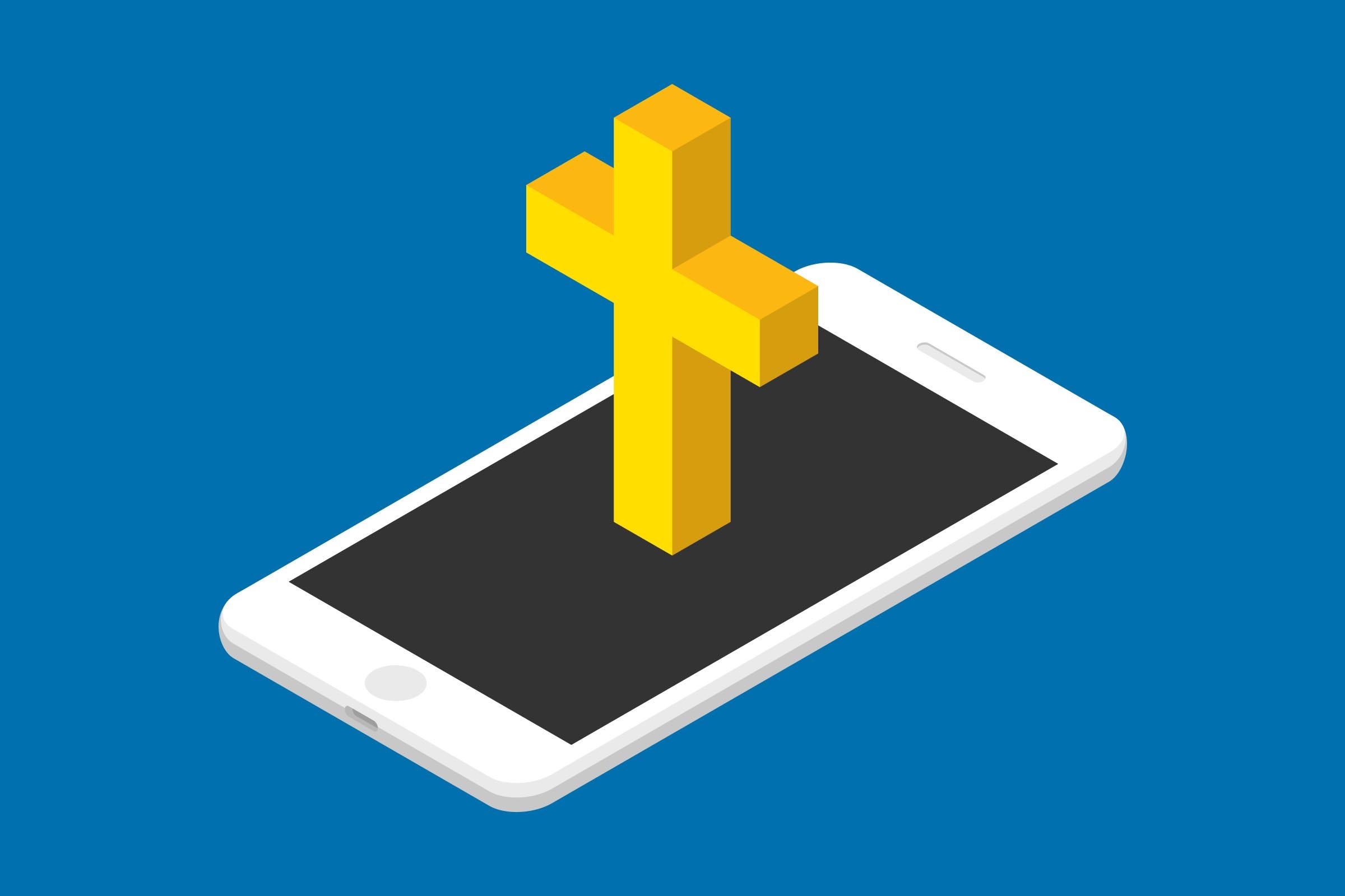 A yellow cross stands upright on a white smartphone, set against a solid blue background.
