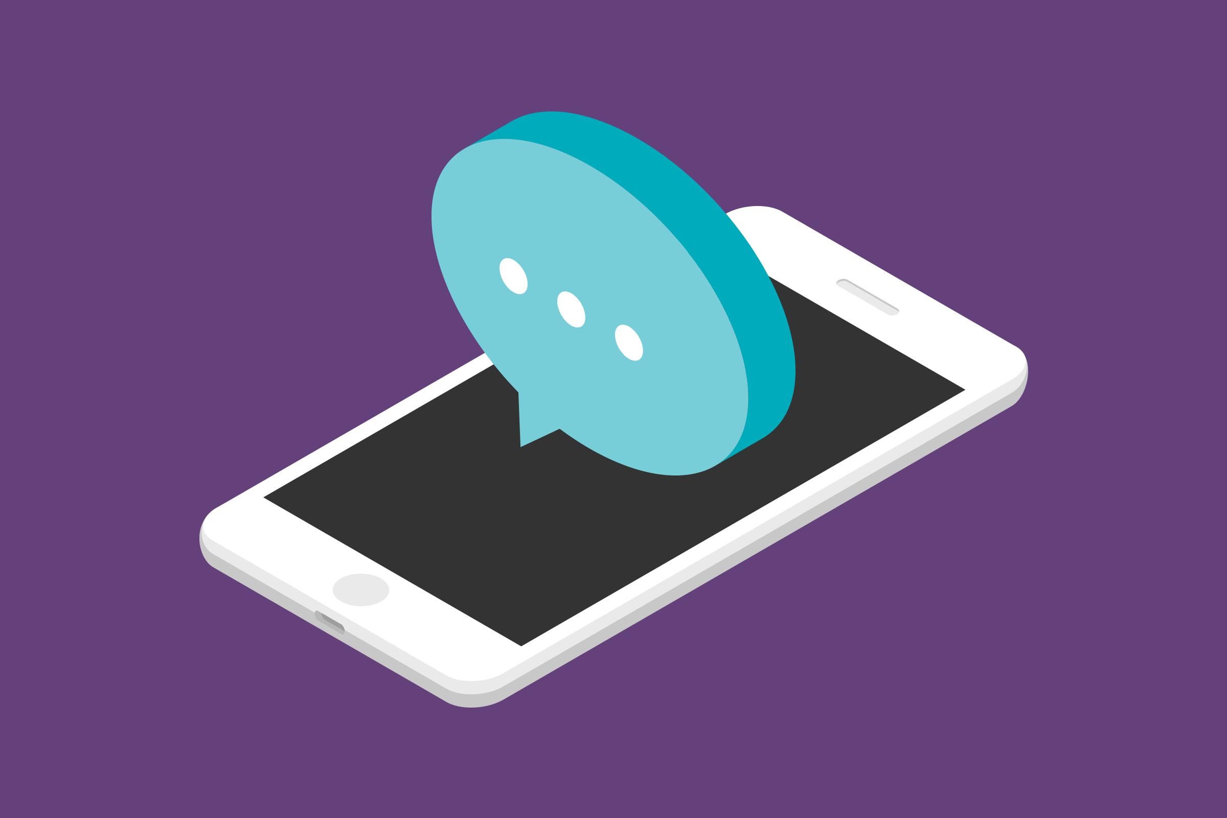 Smartphone displays a large blue chat bubble, indicating messaging activity, set against a plain purple background.