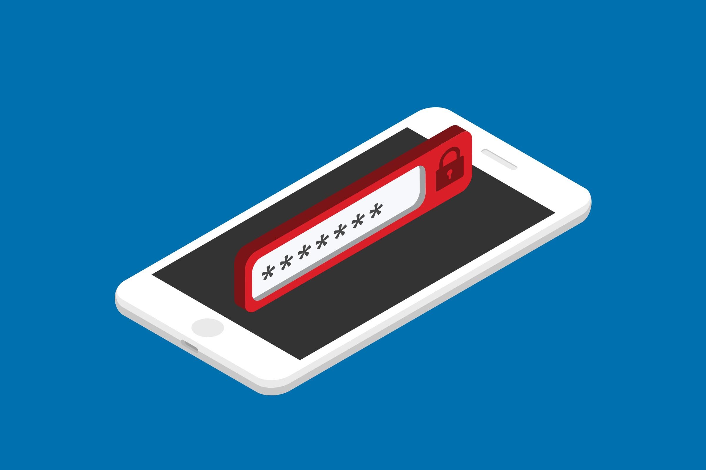 Smartphone displays a password input with asterisks and lock icon, set against a blue background.