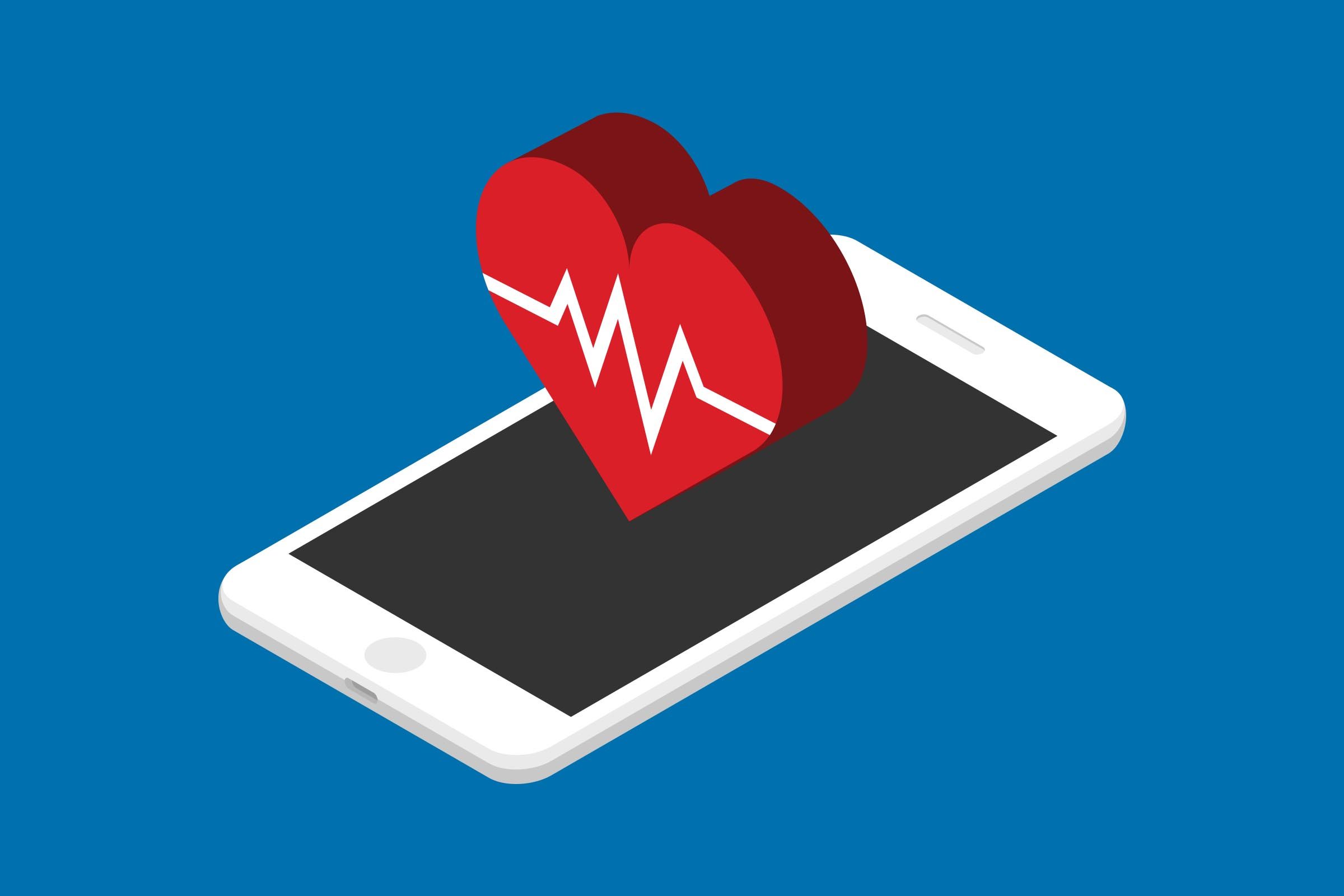 A red heart with a white heartbeat line floats above a smartphone on a blue background.