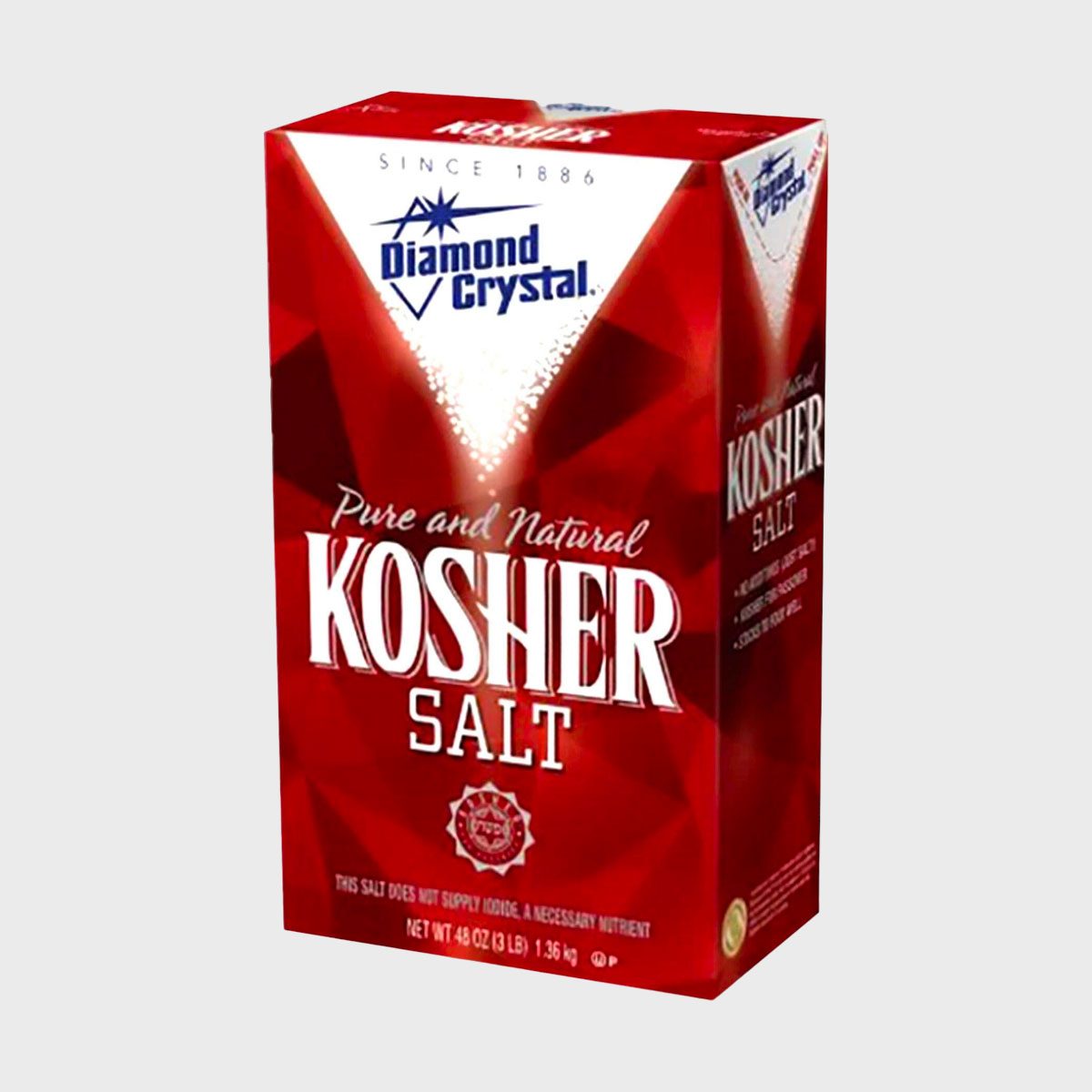 Box displays Diamond Crystal Kosher Salt with a red and white design; text includes "Pure and Natural" and "Net Wt. 48 oz."