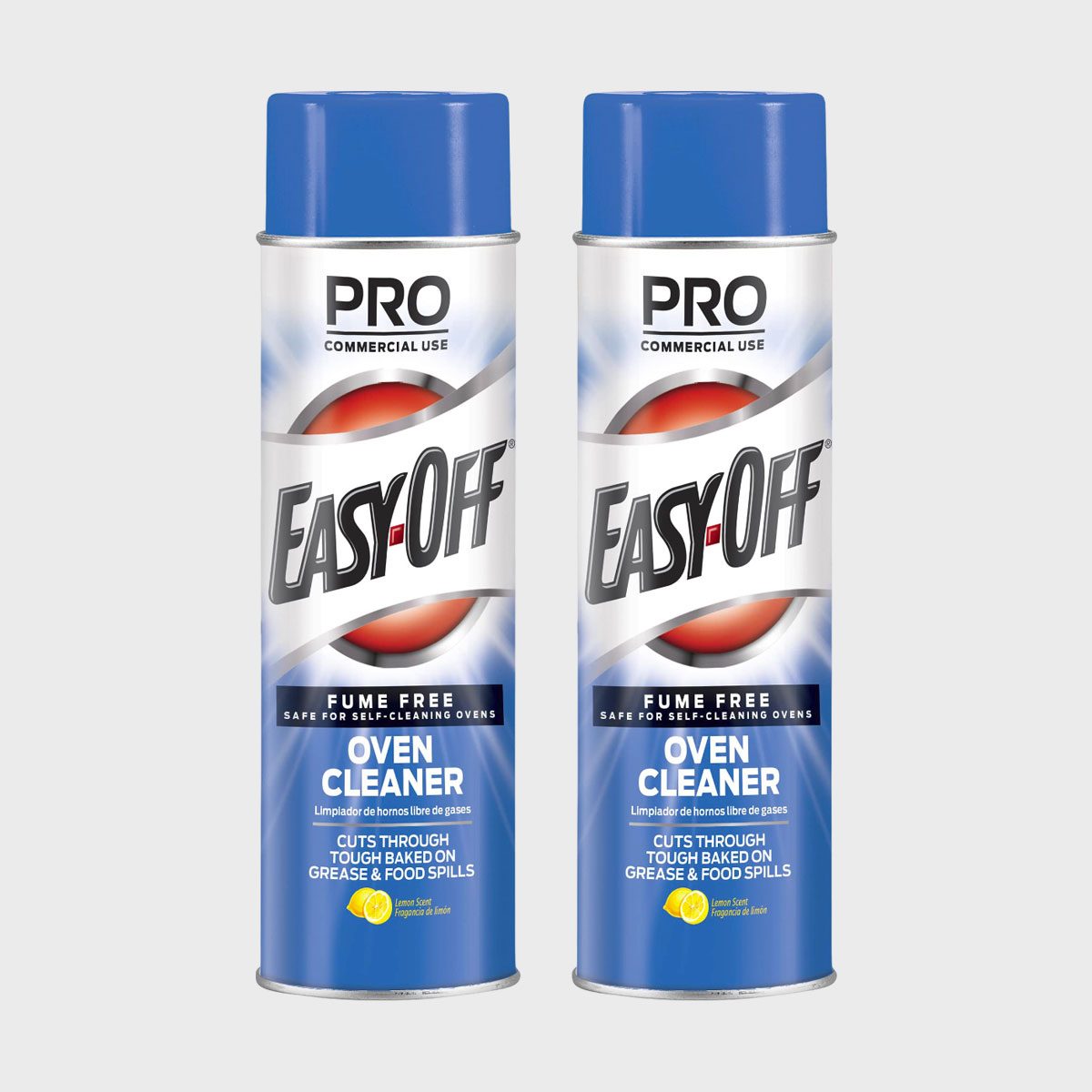 Two cans of Easy-Off oven cleaner stand upright; labeled for commercial use, fume-free, lemon scent, effective on grease and food spills.