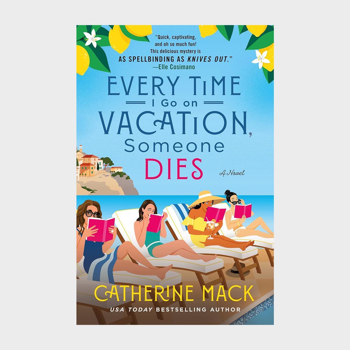 Three women read books while lounging on beach chairs by the seaside, under lemon trees. Background features coastal buildings on cliffs.