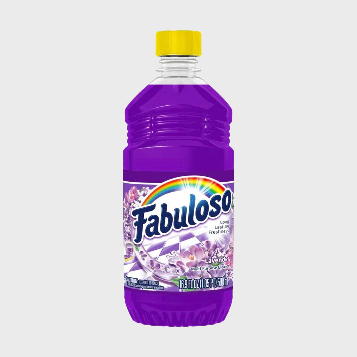 Purple bottle with yellow cap displaying "Fabuloso" label, standing upright, featuring lavender imagery and cleaning product text.