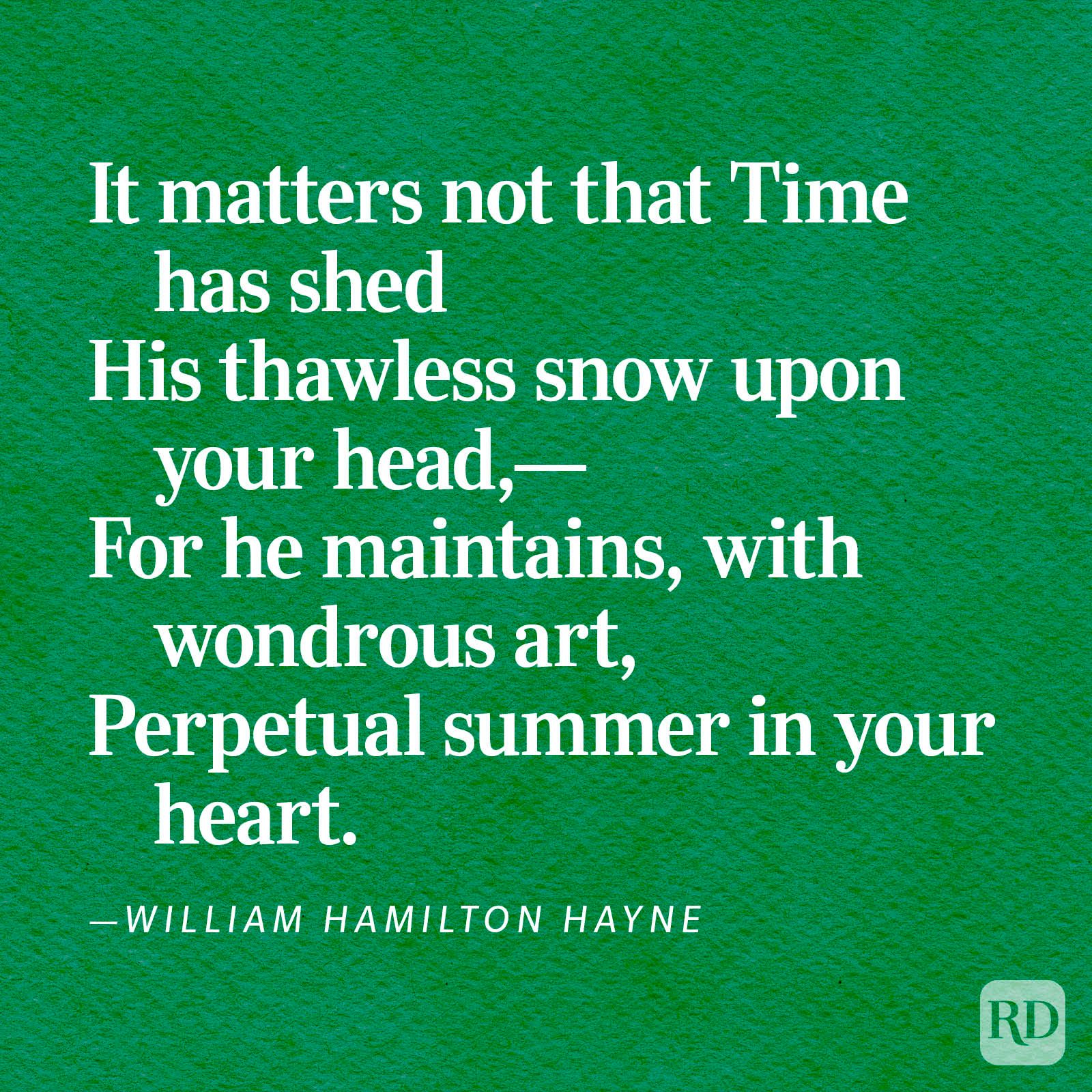 Quote about time and youth appears on textured green background, credited to William Hamilton Hayne.