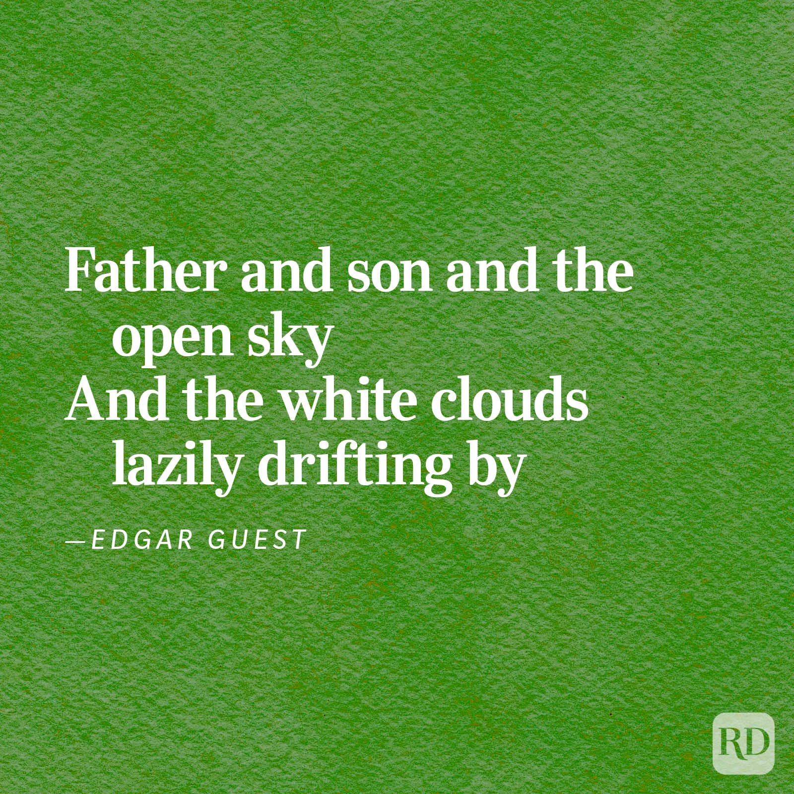 Text on a green textured background describes a peaceful setting with a father, son, open sky, and drifting white clouds.