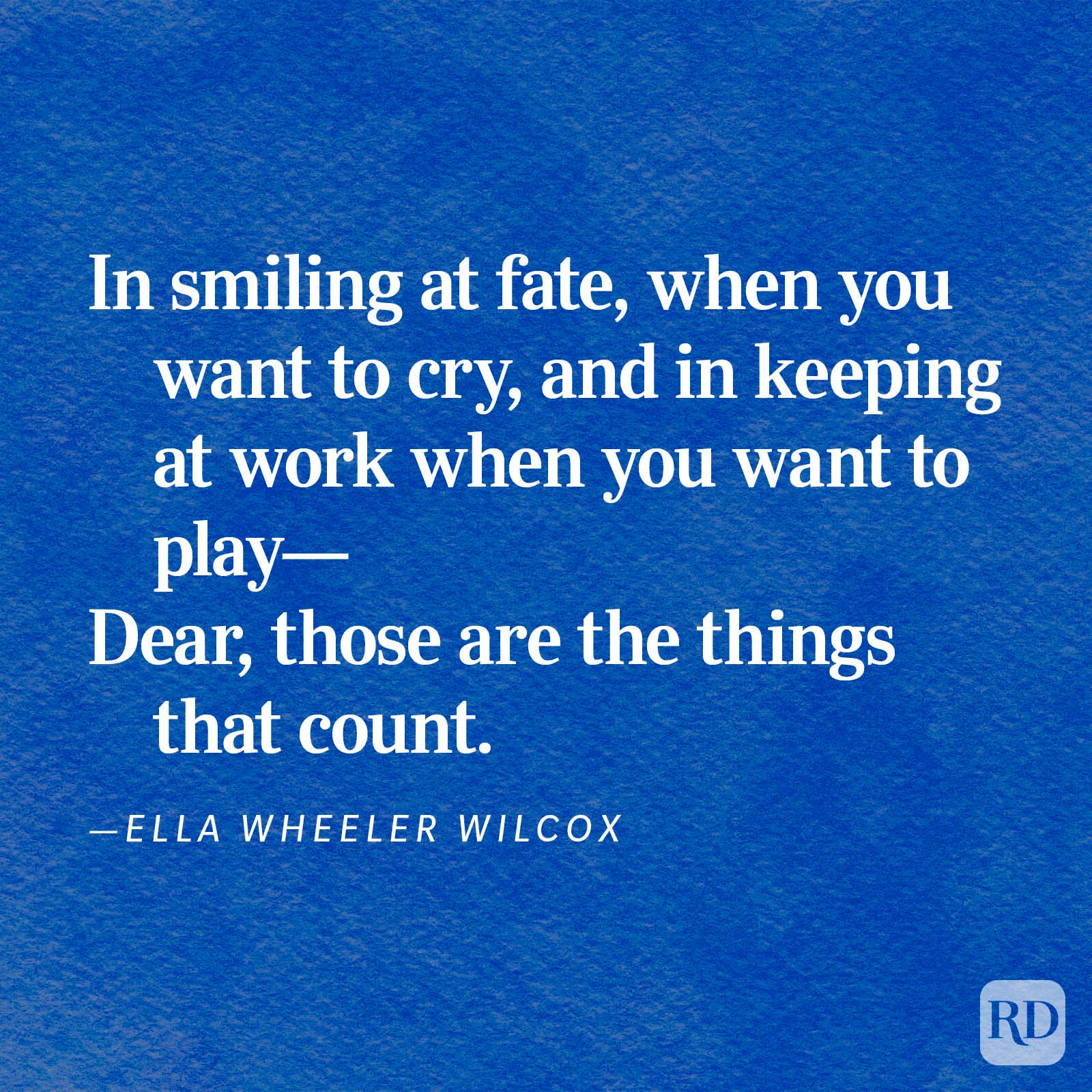 Text displays a motivational quote on a blue background, expressing the importance of perseverance and resilience by Ella Wheeler Wilcox.