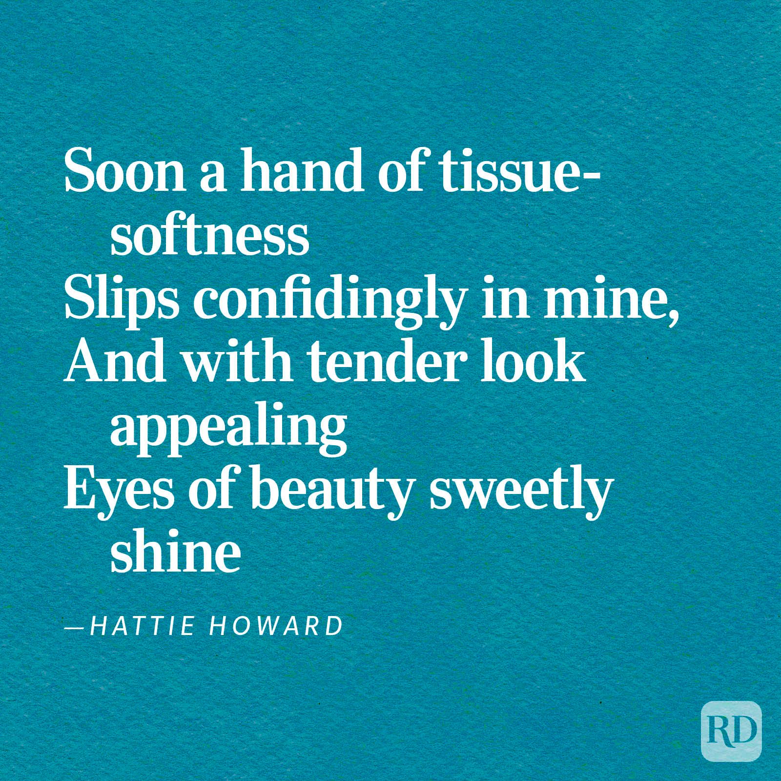 Text displayed on teal background expresses tender sentiments in a poetic style, authored by Hattie Howard.