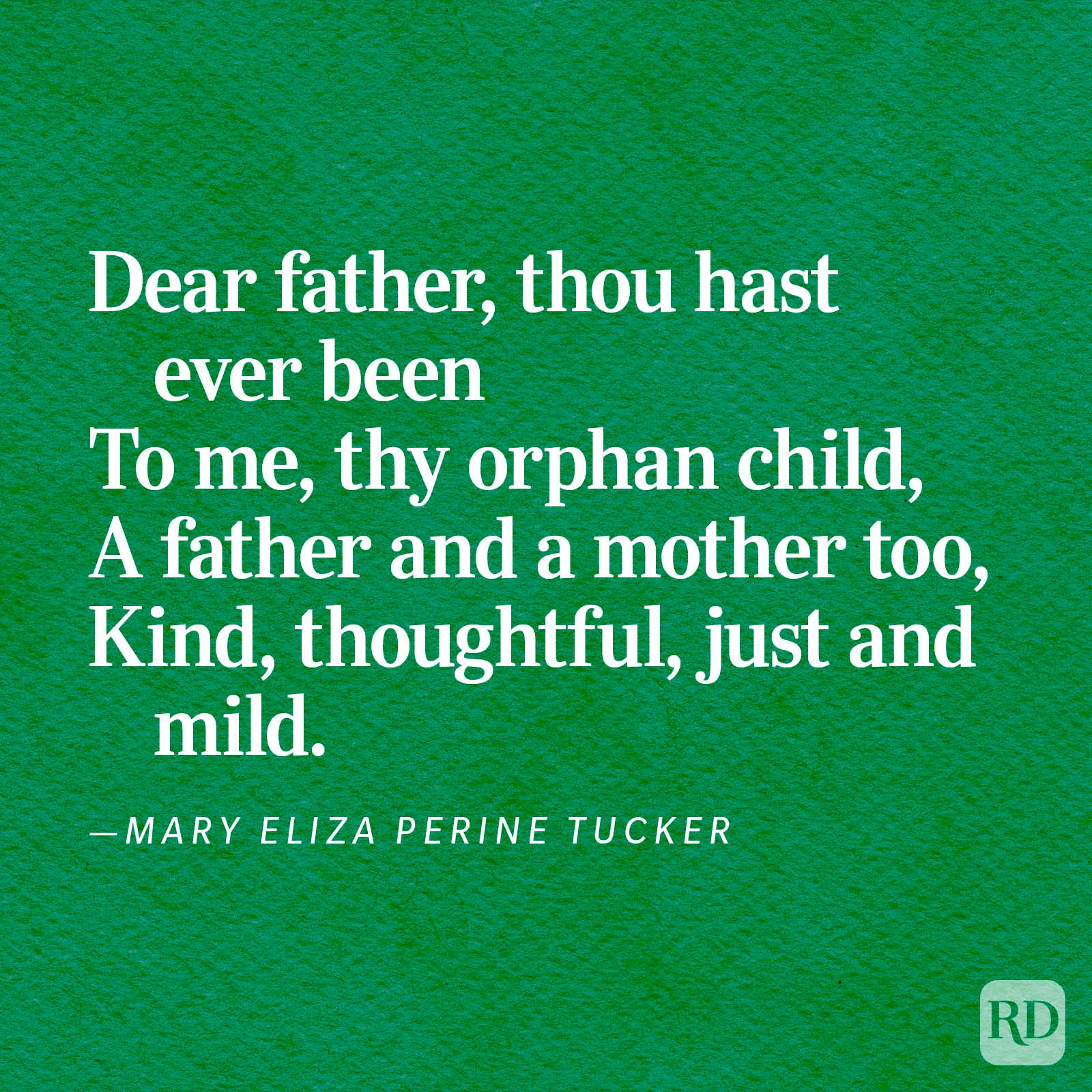 Text on a green background expresses gratitude from a child to a father, attributed to Mary Eliza Perine Tucker.