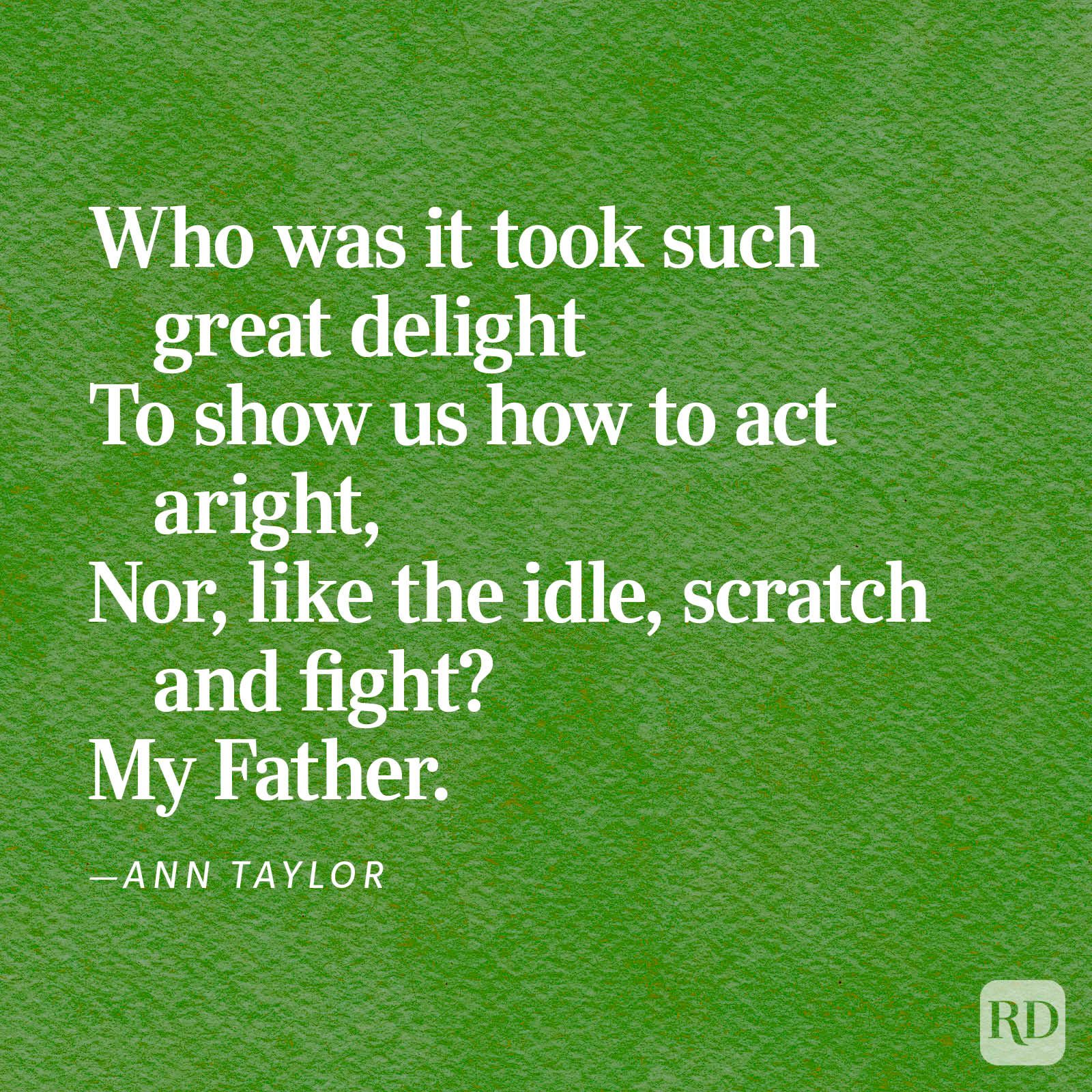 Text praising a father's guidance is written on a green textured background. Authored by Ann Taylor, noted at the bottom.