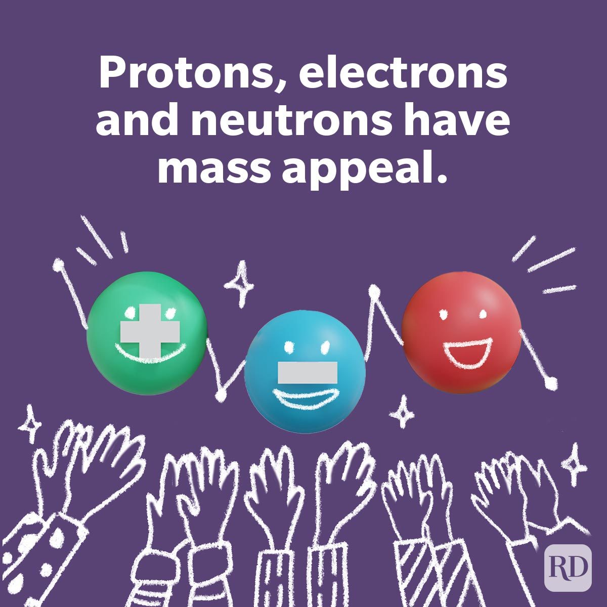 Three smiling spheres hold hands above drawn audience; text reads: "Protons, electrons and neutrons have mass appeal."