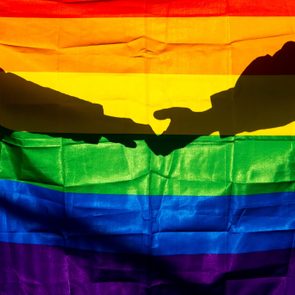 Shadows of two hands meet on a brightly colored rainbow flag backdrop.