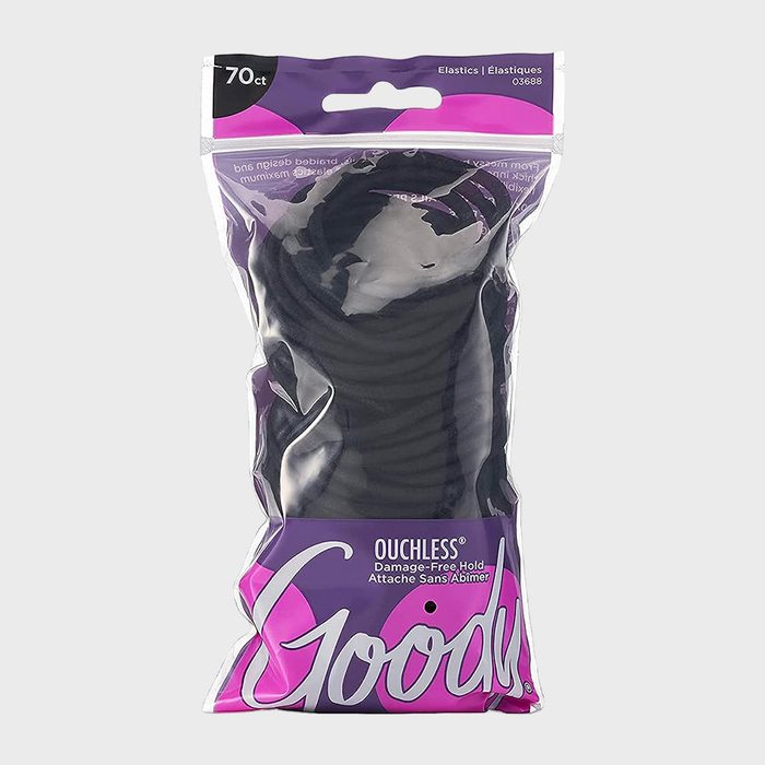A pack of black hair elastics labeled 