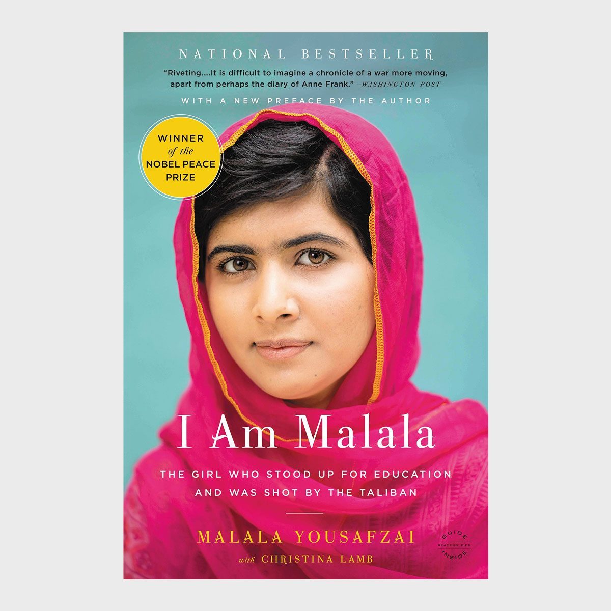 Book cover shows a woman gazing forward, wearing a pink headscarf. Text: "I Am Malala," about standing up for education. Nobel Peace Prize winner.