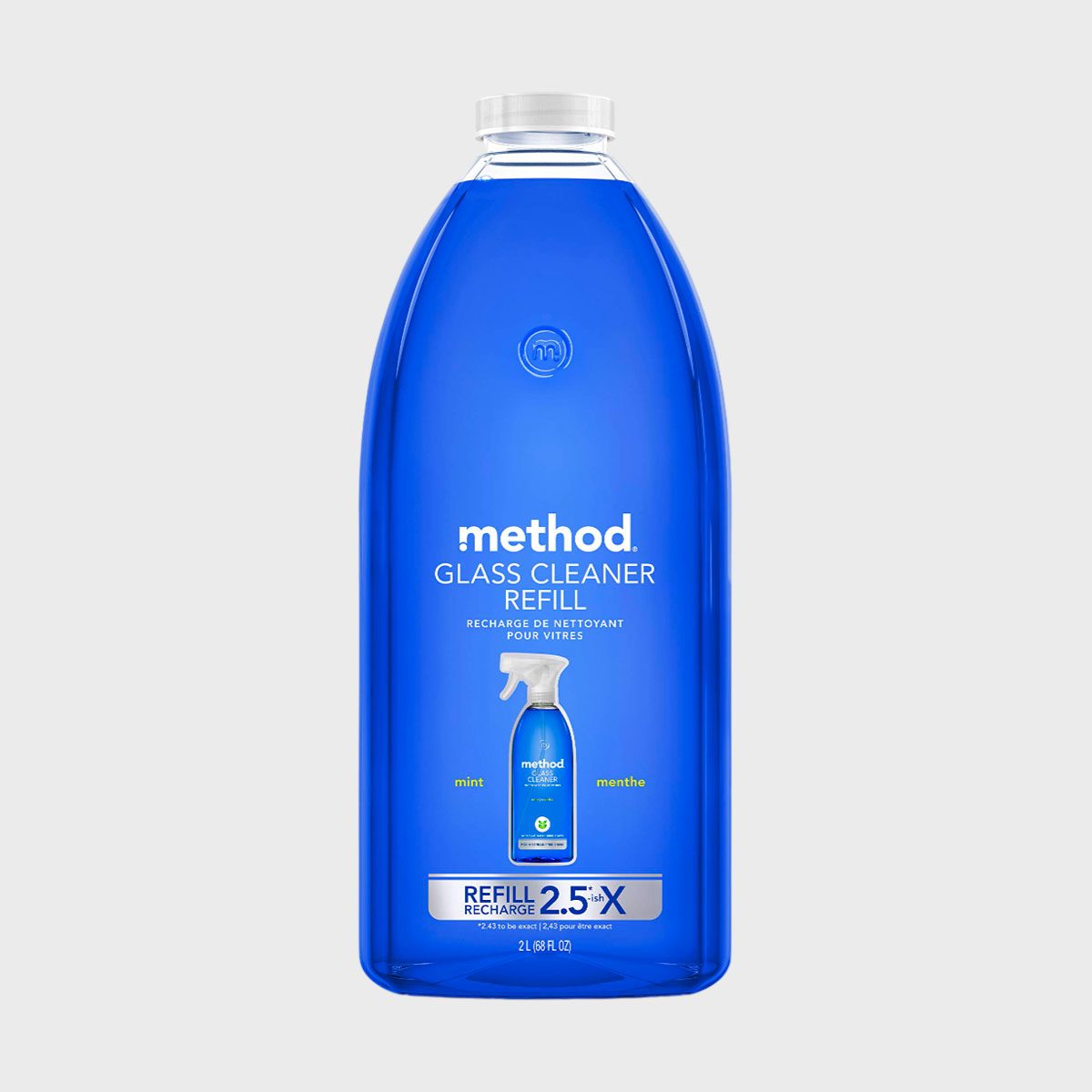 Blue bottle displays "method" glass cleaner refill, mint-scented, resting against a plain background. Text includes capacity: "2L (68 fl oz)" and "2.5Ã— Refill".