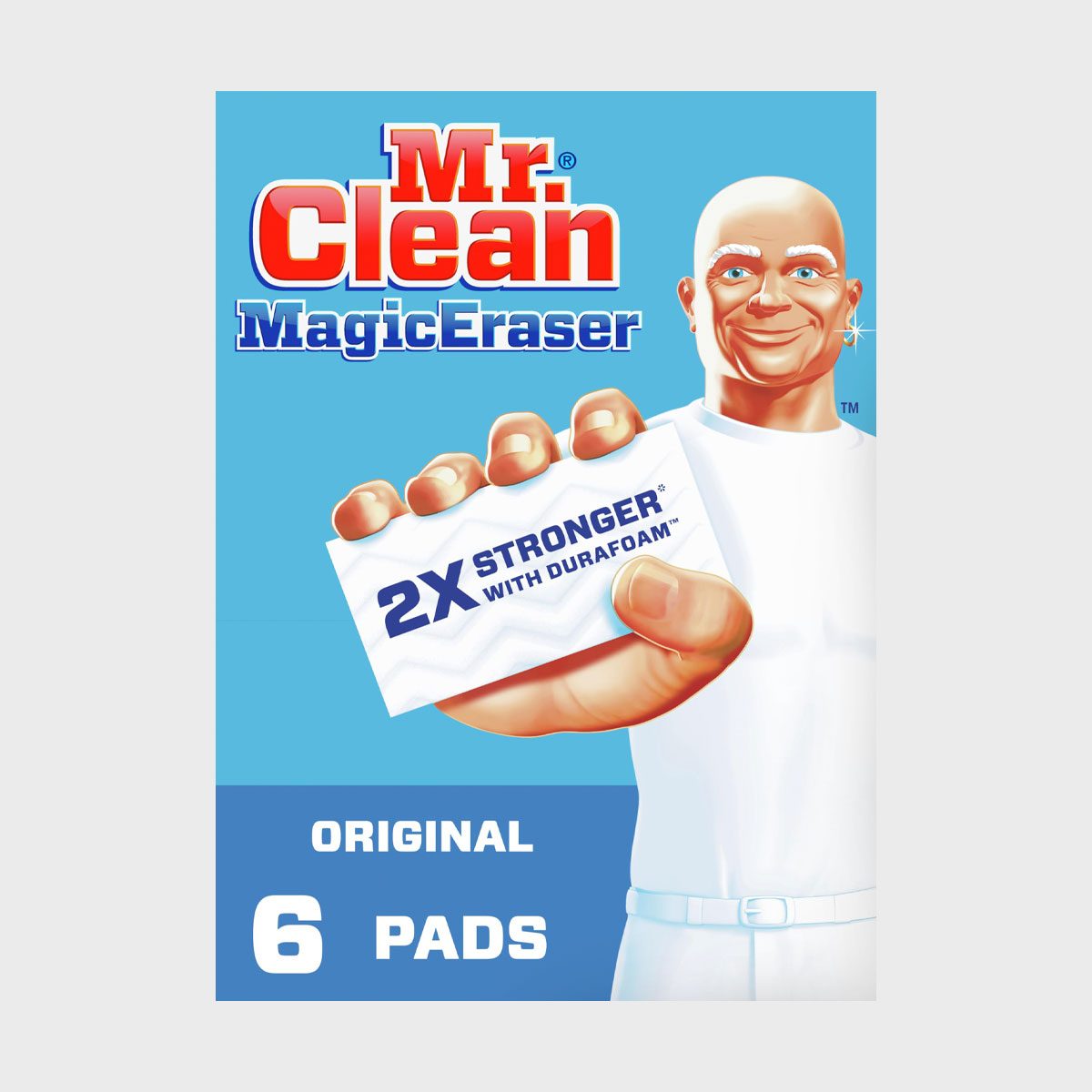 Character holds cleaning pad packaged as "Mr. Clean Magic Eraser," labeled "2X Stronger with Durafoam." Text states "Original 6 Pads" on a blue background.