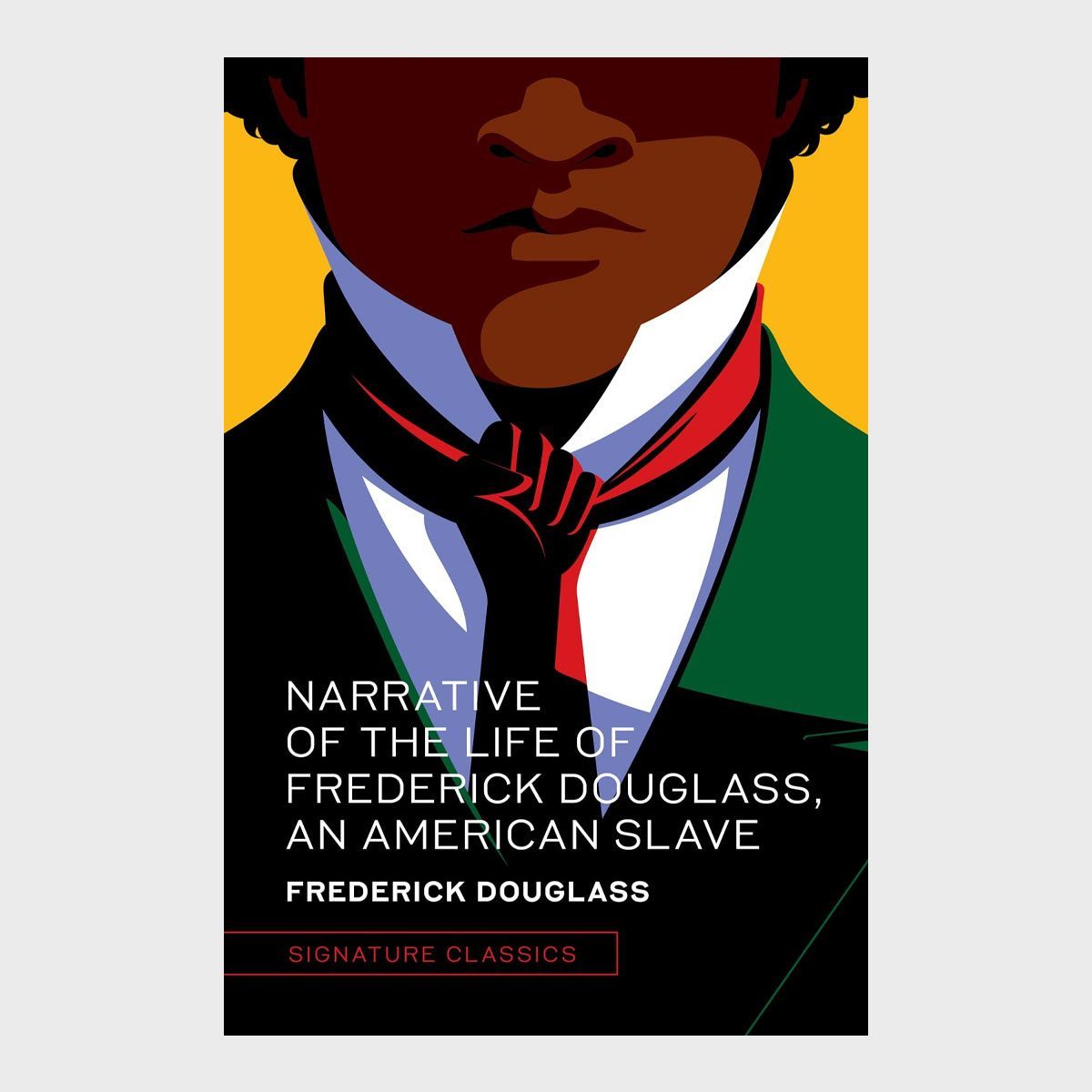 Stylized portrait of a man wearing a tie, set against a bold yellow background. Text reads: "Narrative of the Life of Frederick Douglass."