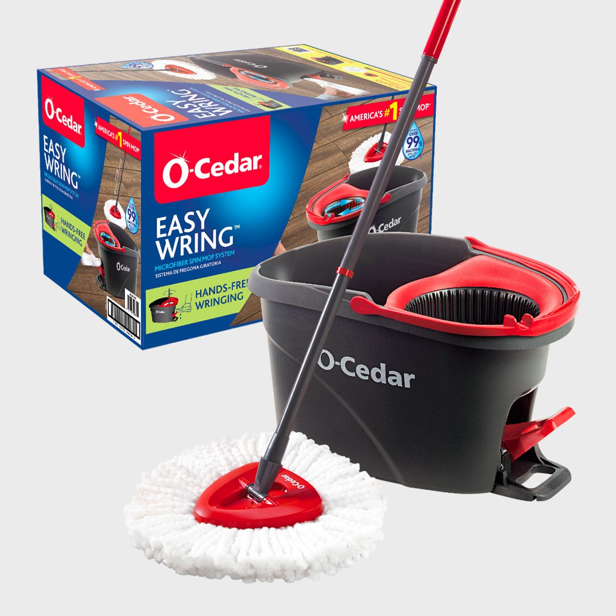 Mop with a red handle sits beside a black bucket; adjacent box features text highlighting "O-Cedar Easy Wring" and "hands-free wringing."