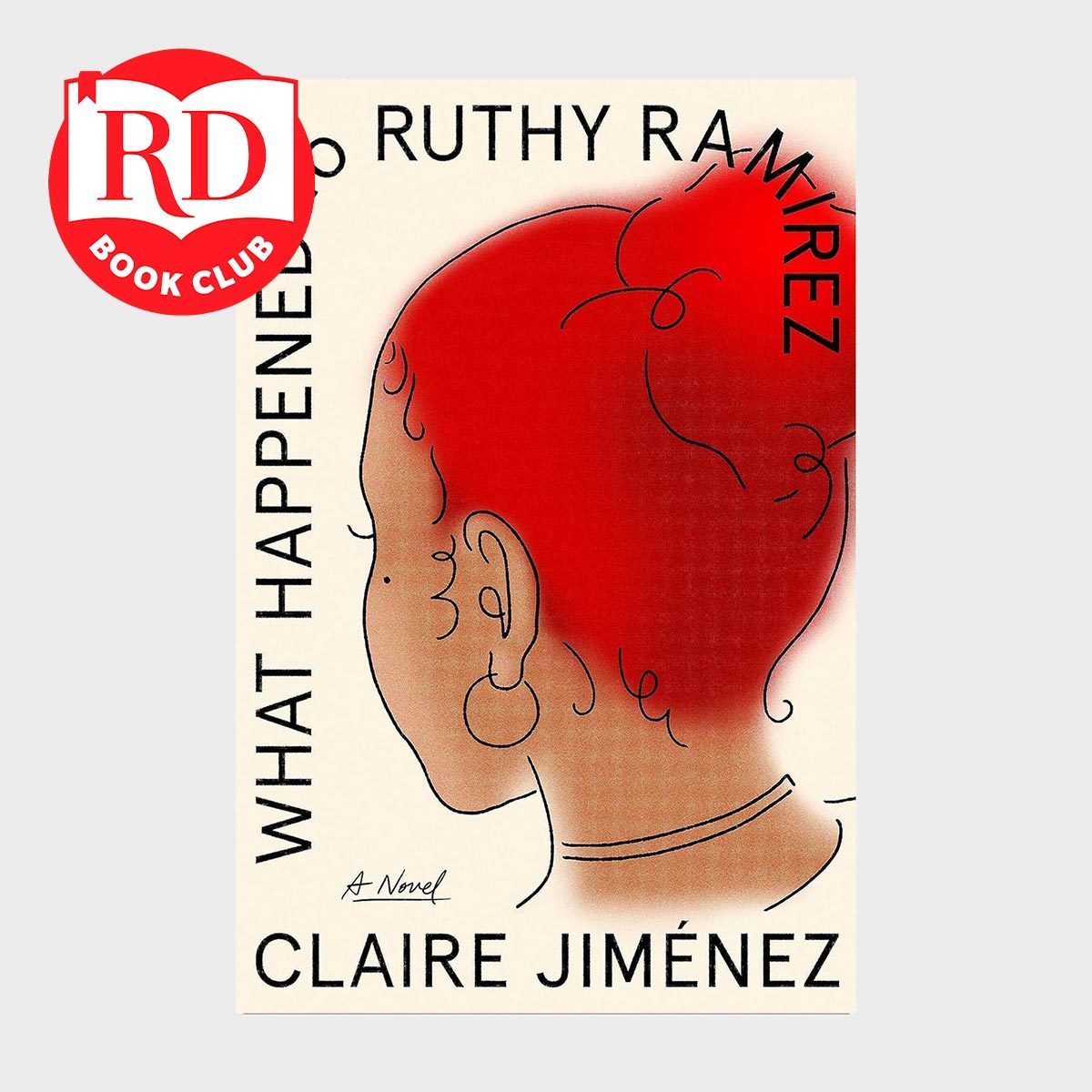 Book cover shows a stylized red-haired woman in profile, surrounded by text: "WHAT HAPPENED TO RUTHY RAMIREZ" by "CLAIRE JIMÃ‰NEZ."