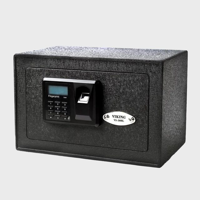 A black safe features a digital keypad with a fingerprint scanner; the brand 