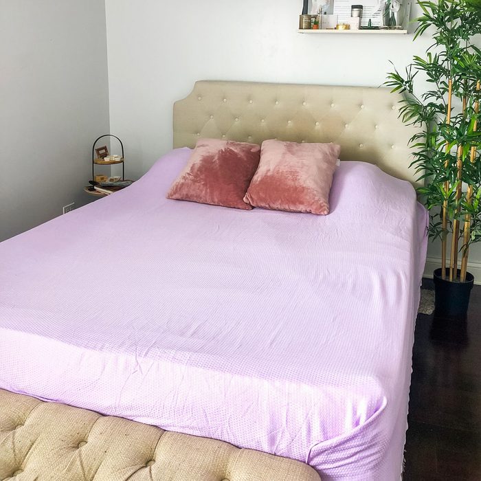Bed with pink pillows rests neatly in a bedroom, accompanied by a potted plant and shelves with decorative items nearby.