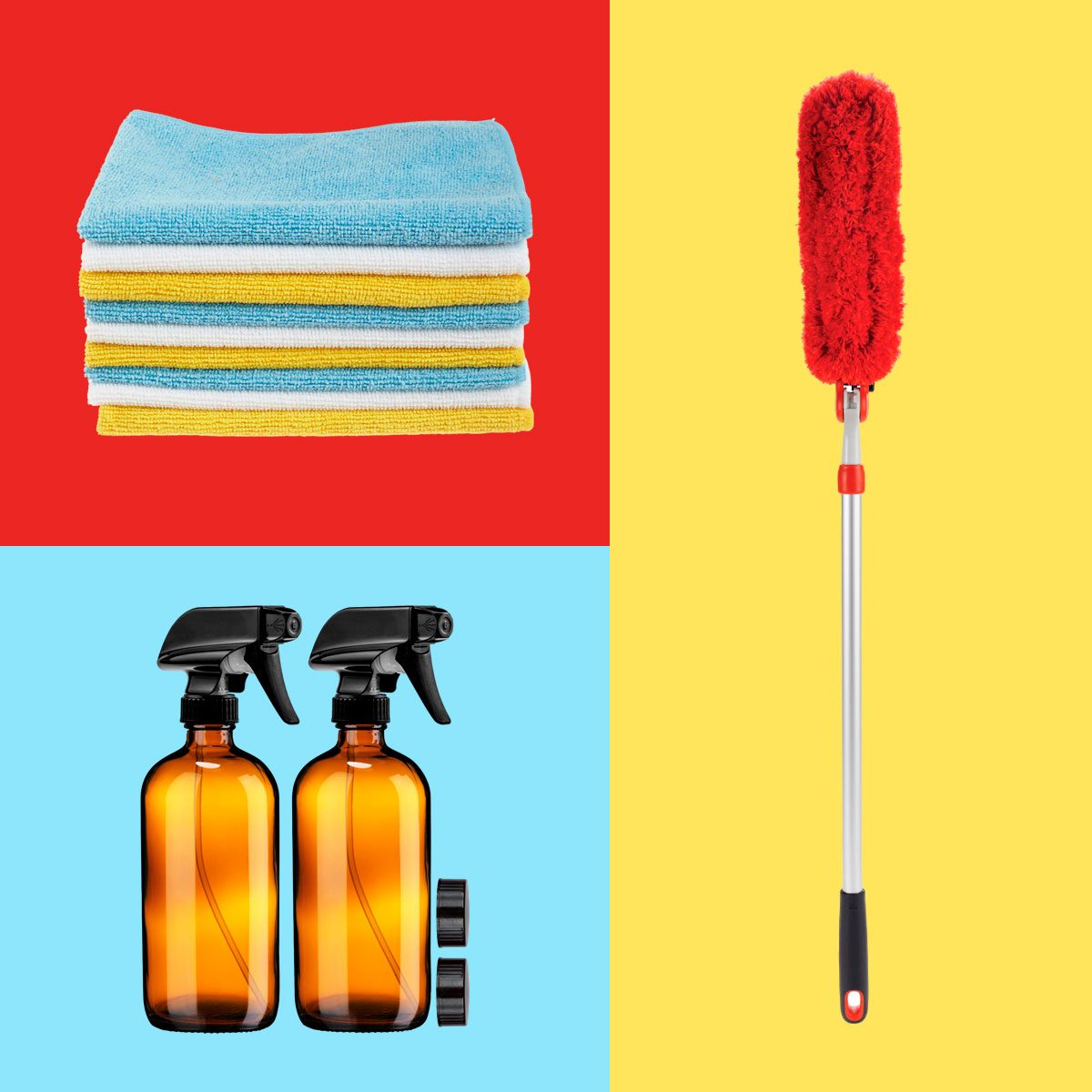 Stacked microfiber cloths sit on red, spray bottles stand upright on blue, and a red duster with an extendable handle is on yellow.