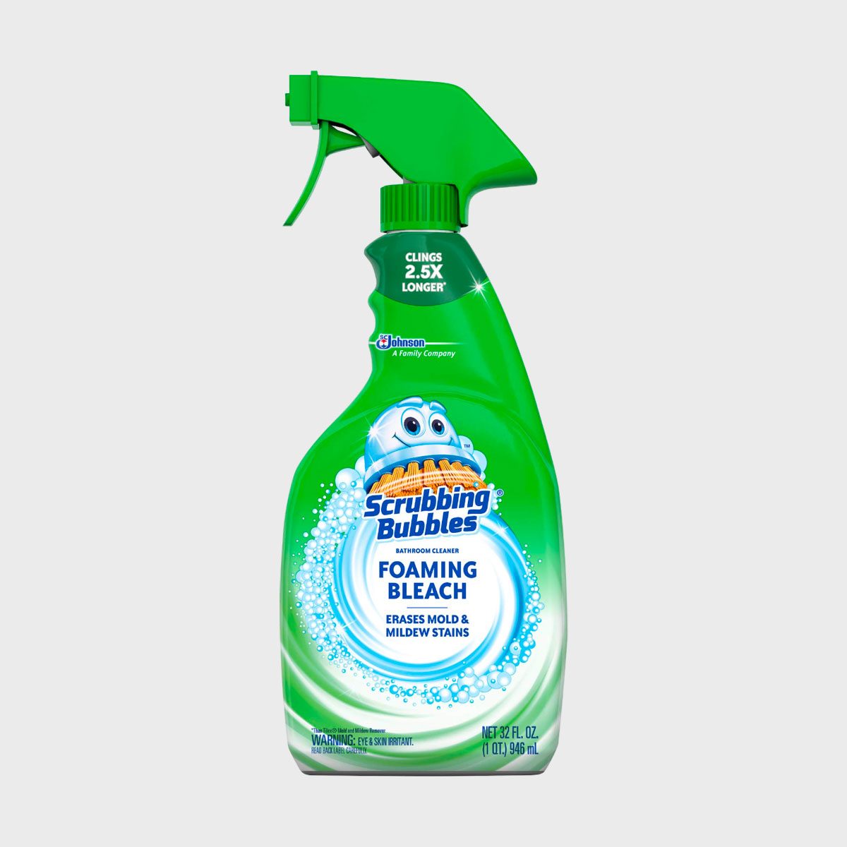 Spray bottle features green trigger, labeled "Scrubbing Bubbles Foaming Bleach," erases mold and mildew stains, set against a plain background.