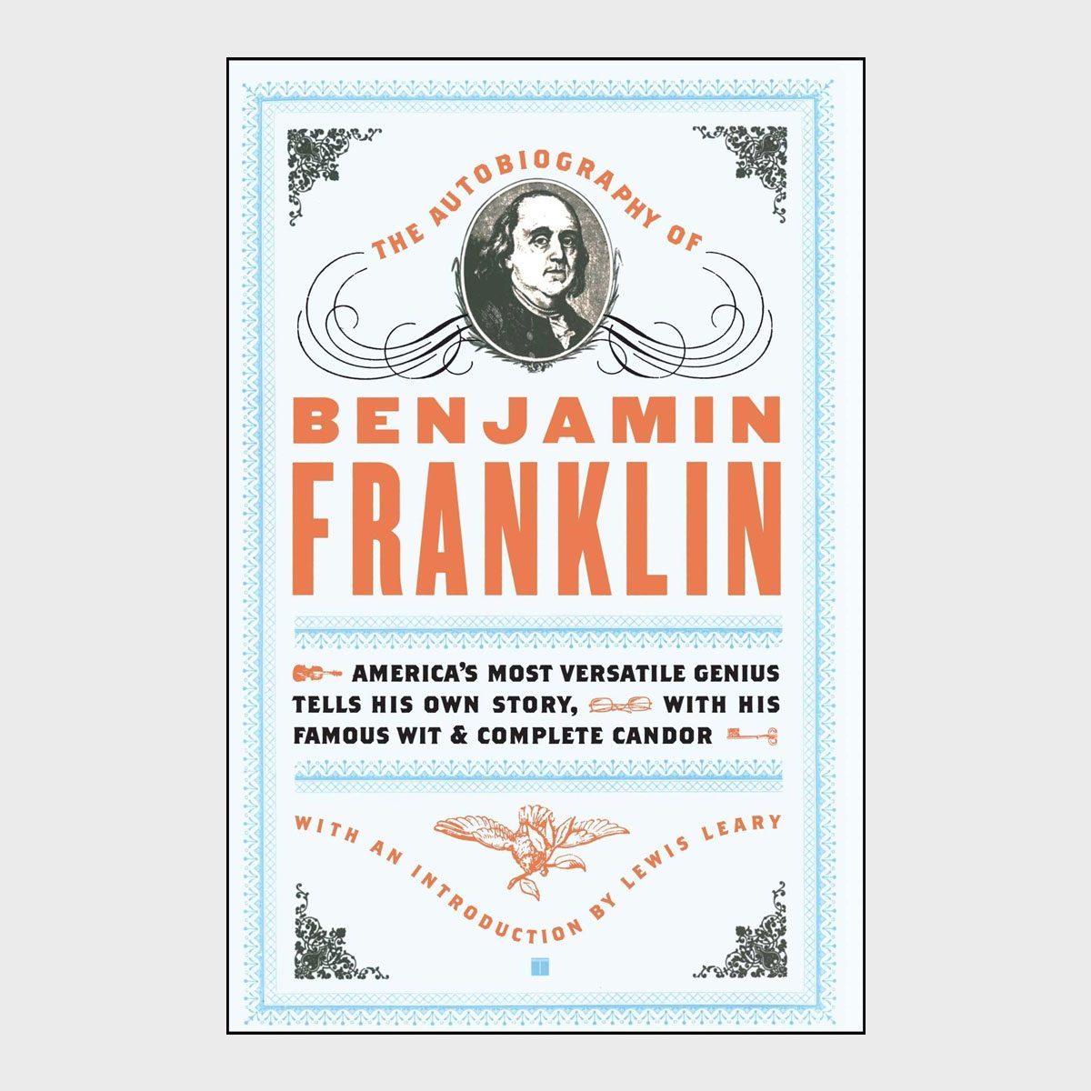 Book cover features a portrait above text: "The Autobiography of Benjamin Franklin," highlighting his story with wit and candor, introduced by Lewis Leary.