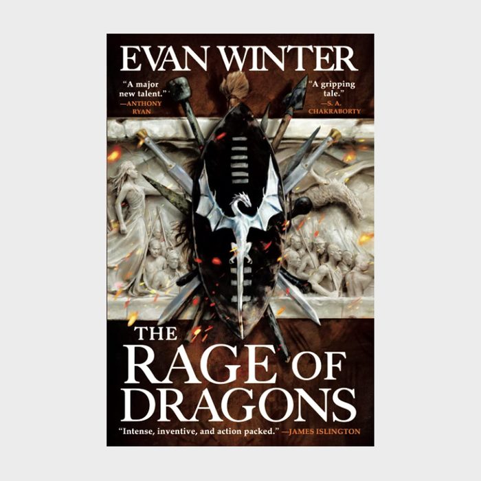 A helmet, surrounded by swords, appears against a detailed mural with figures. Text: 