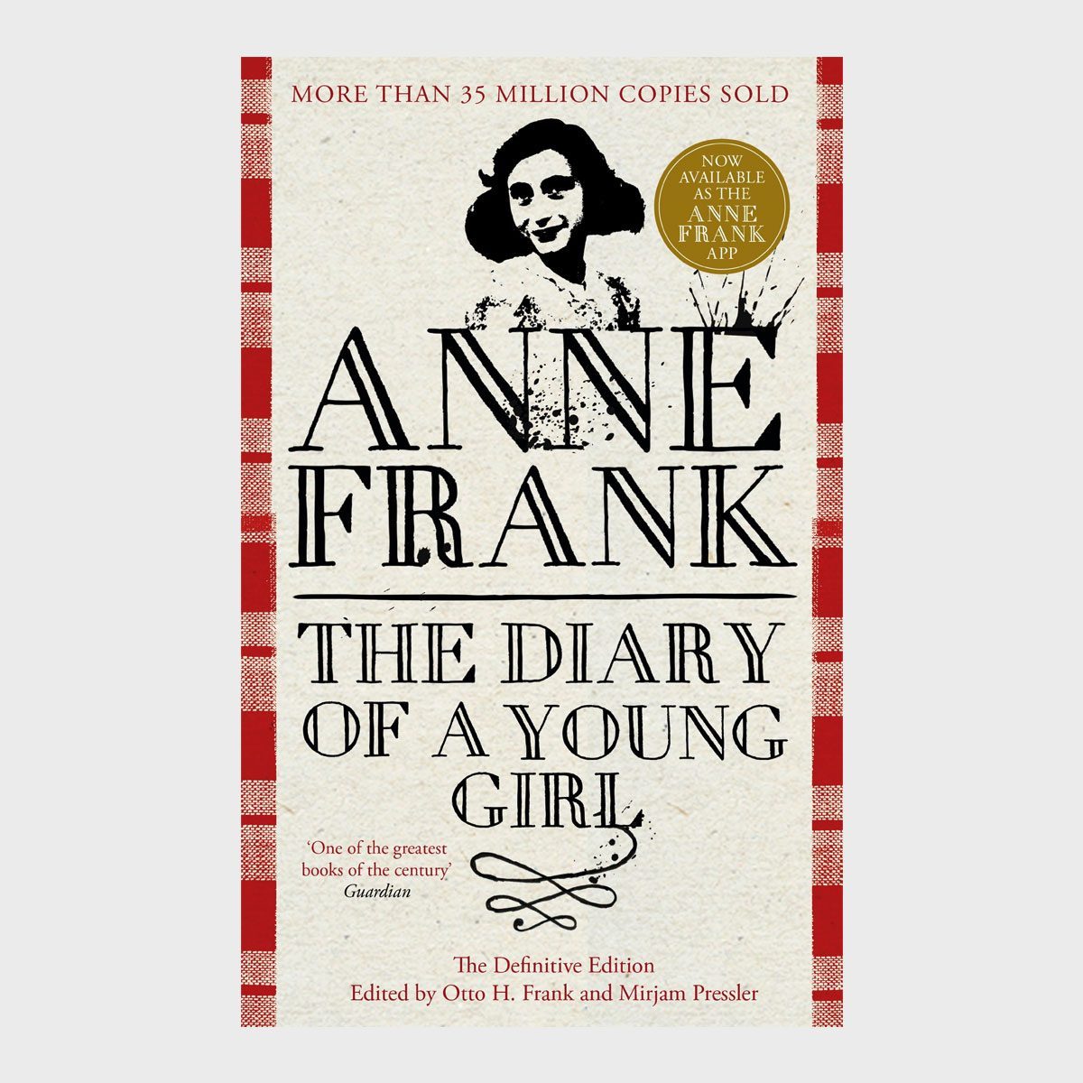 Book cover displays "Anne Frank: The Diary of a Young Girl" with her portrait and checkered red side. Described as "The Definitive Edition."