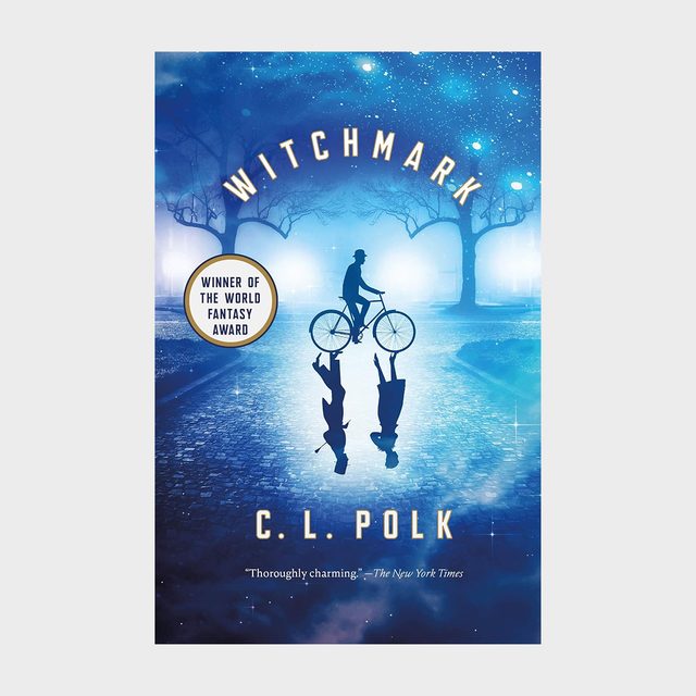 Silhouette of a person cycling with shadow morphing into two figures, surrounded by a starry, mystical night landscape with illuminated trees.