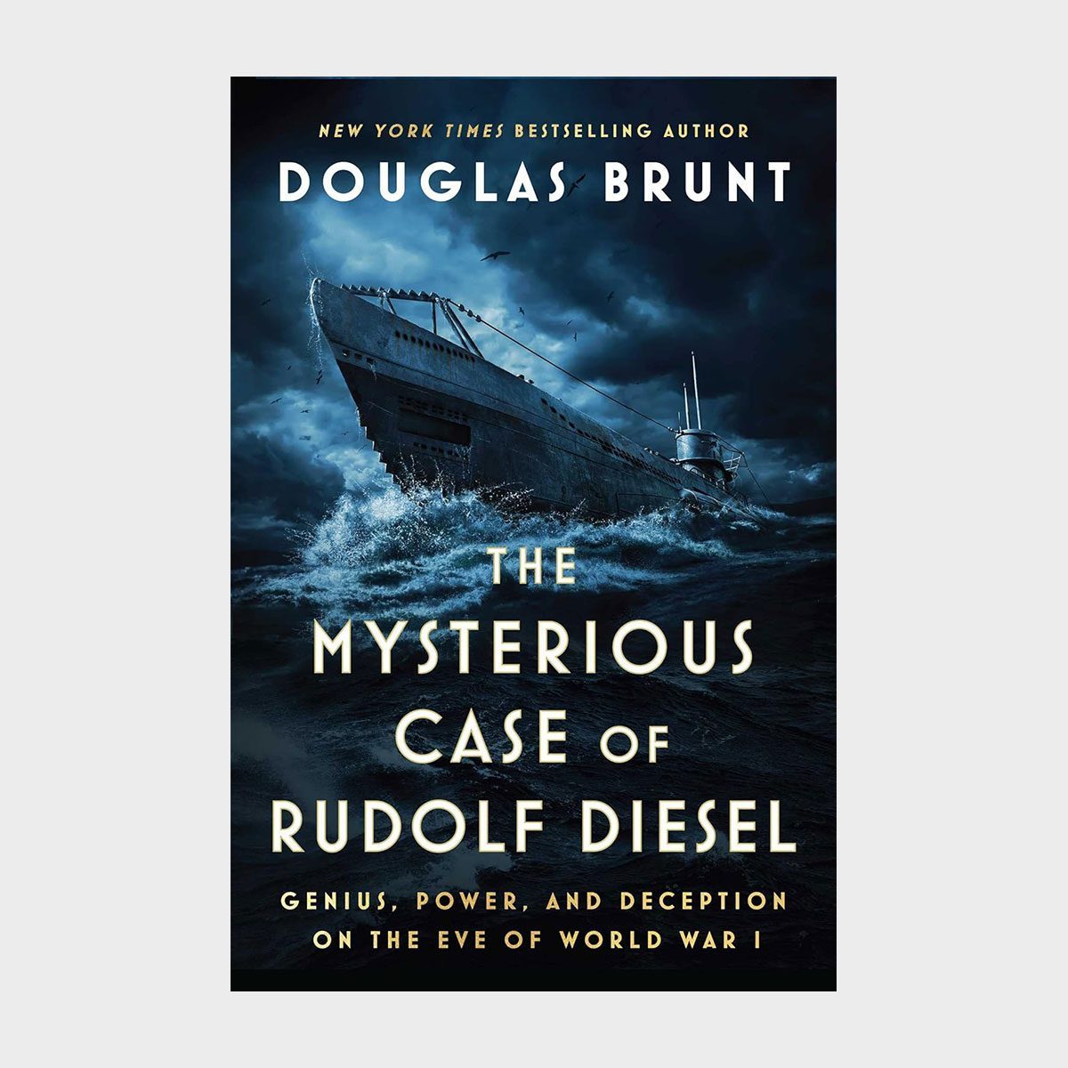 A large ship navigates stormy seas under a dark, cloudy sky. The book cover displays the title: "The Mysterious Case of Rudolf Diesel."