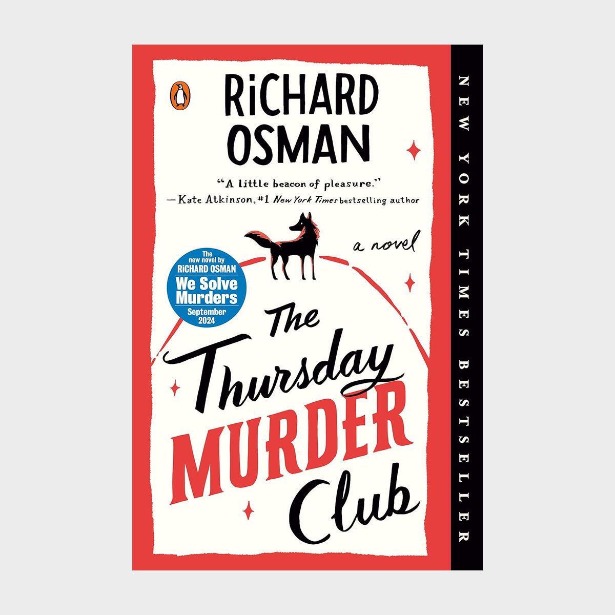 Book cover displays "The Thursday Murder Club" by Richard Osman, featuring a fox silhouette and promotional badge against a red-bordered background. New York Times Bestseller.
